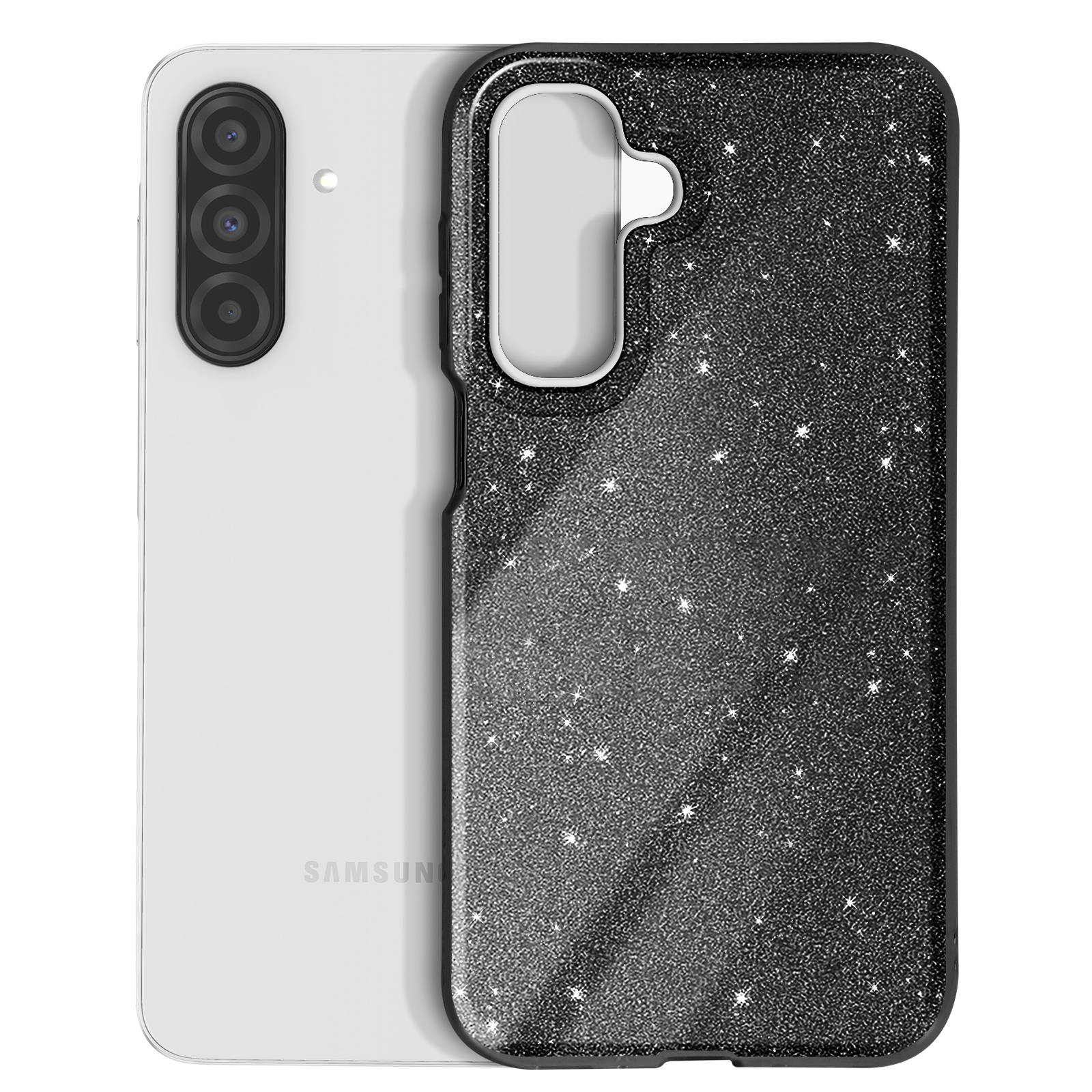 Una custodia per telefono nera e scintillante con un telefono all'interno. Il telefono ha un retro bianco e una custodia glitterata nera.