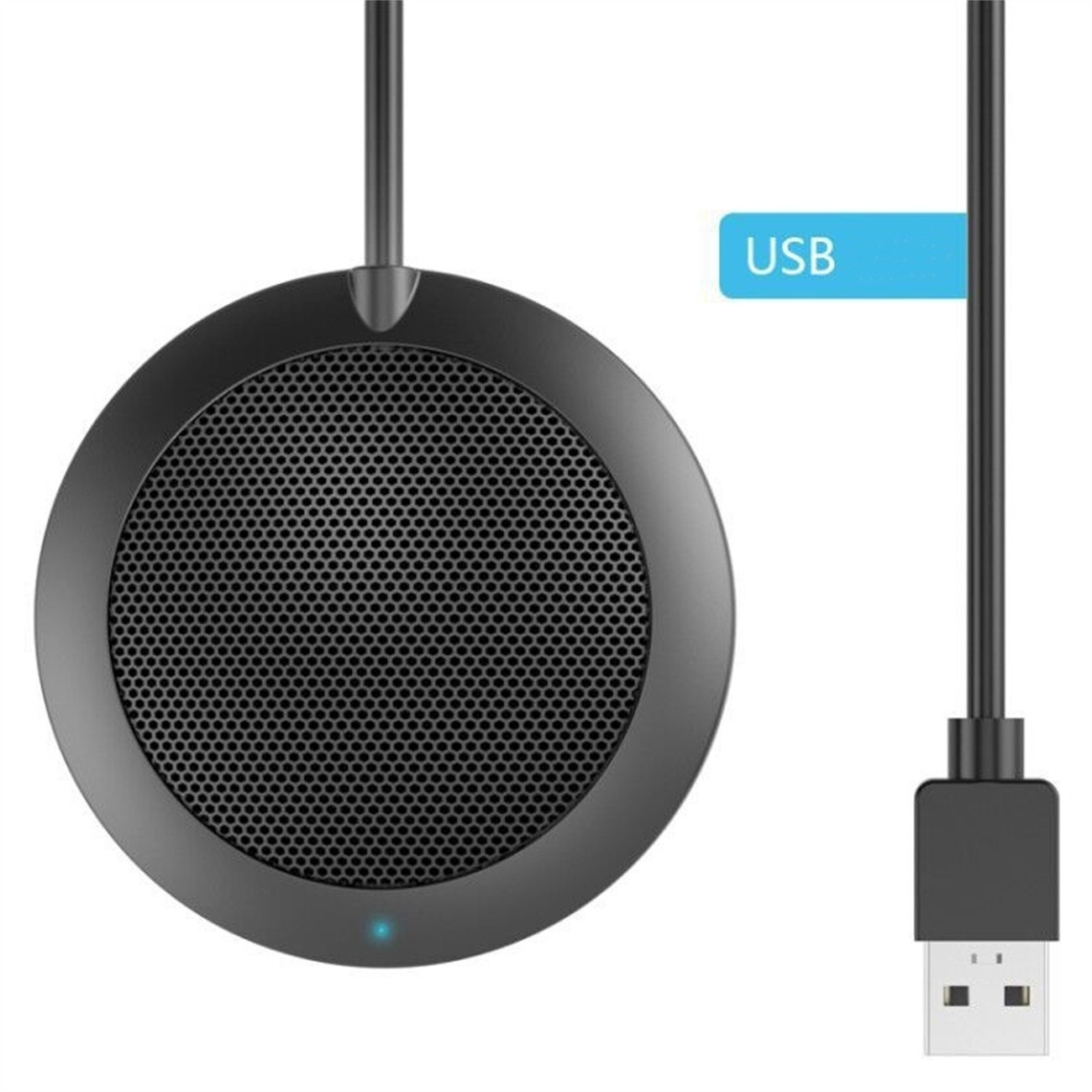 Ein schwarzes, kreisförmiges USB-Mikrofon mit USB-Anschluss und blauer Betriebsanzeige.