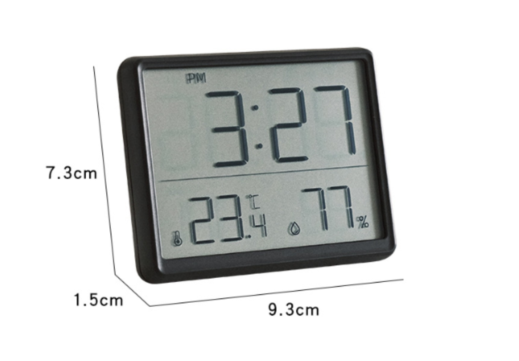 Digitaluhr mit Zeit-, Temperatur- und Feuchtigkeitsanzeige. Schwarzer Rahmen, weißer Hintergrund, mit Maßen.