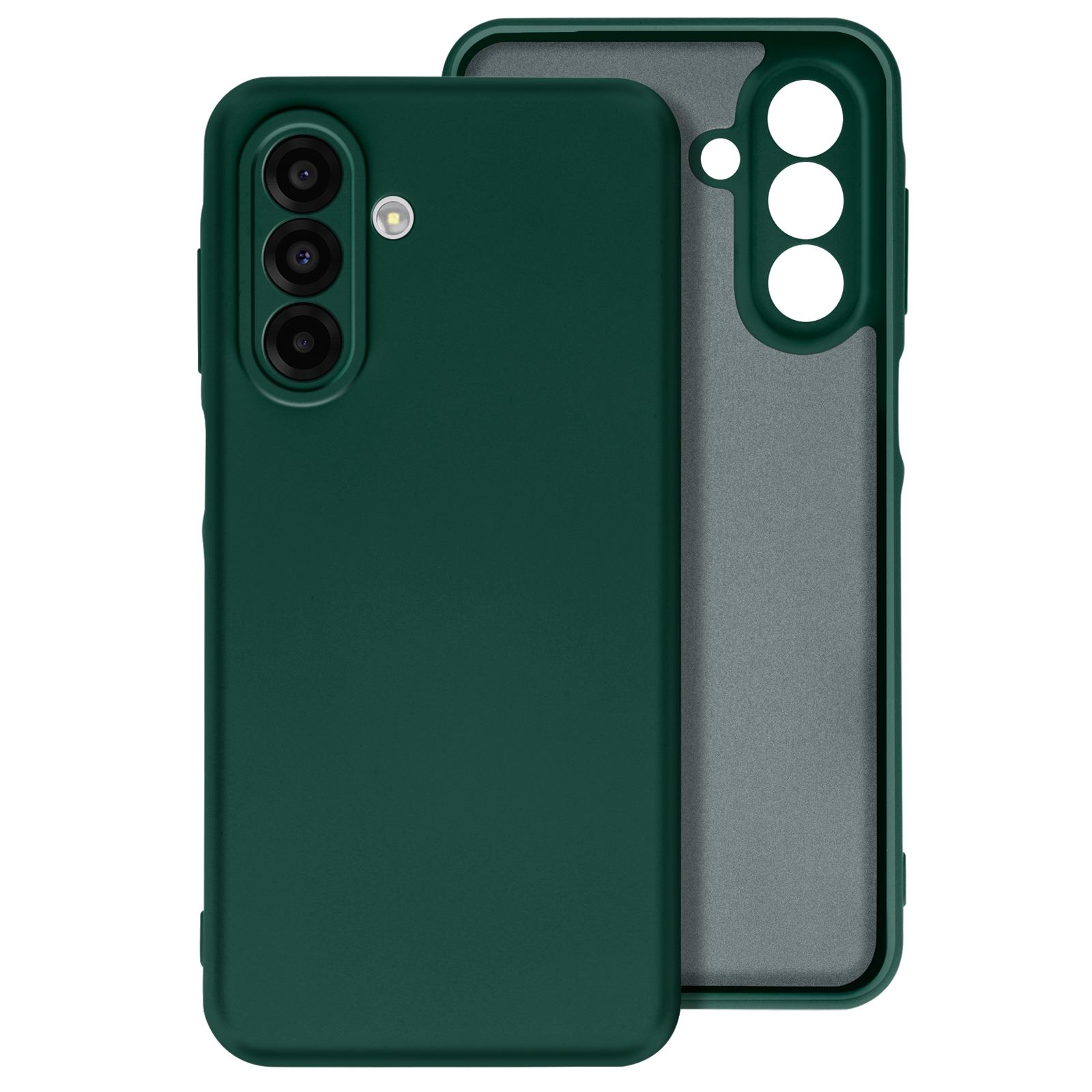 Custodia per telefono verde con un telefono verde scuro su sfondo bianco. La custodia è aperta.