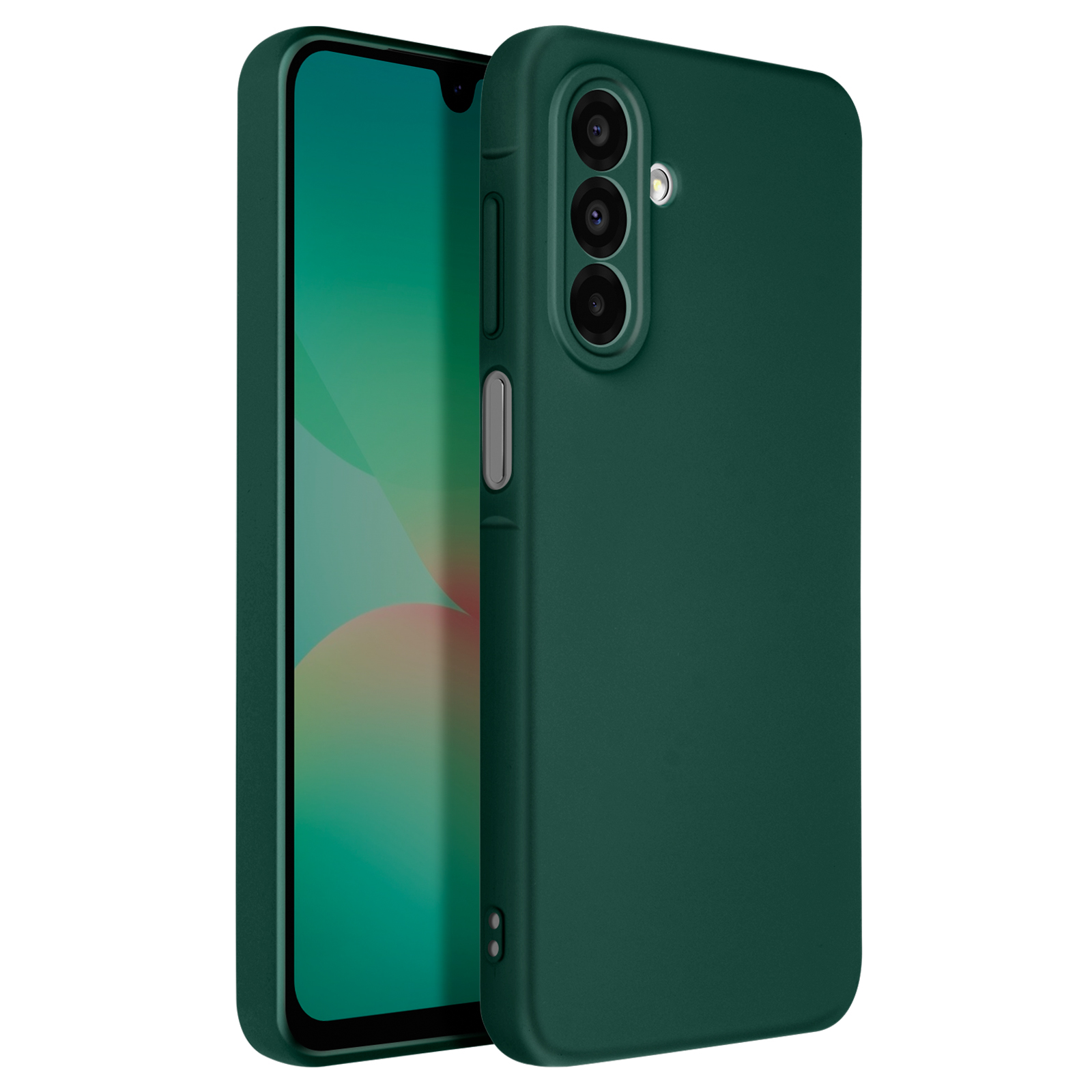 Custodia per telefono verde. Tre lenti della fotocamera e pulsanti laterali.