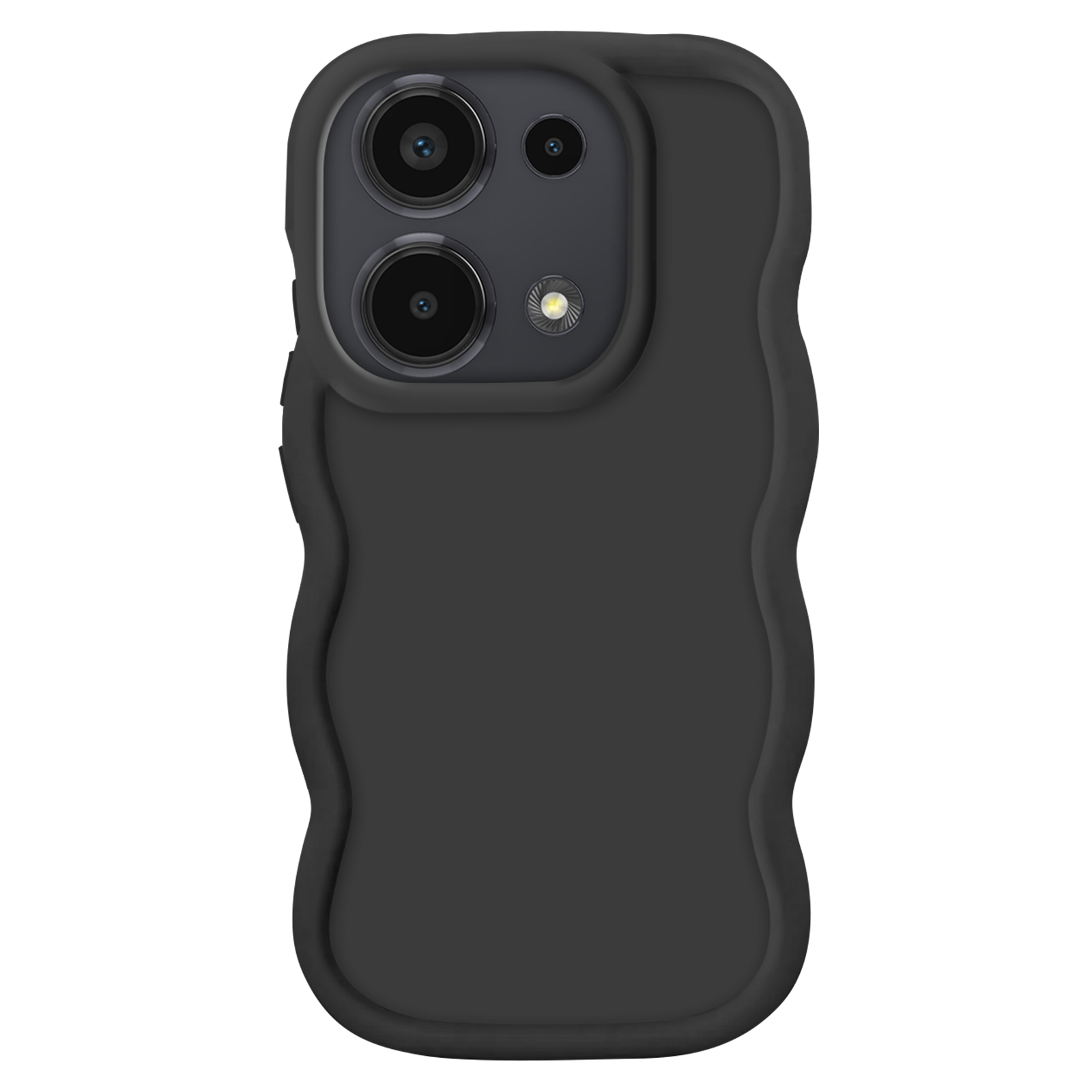 Custodia nera con bordi ondulati, che mostra la fotocamera.