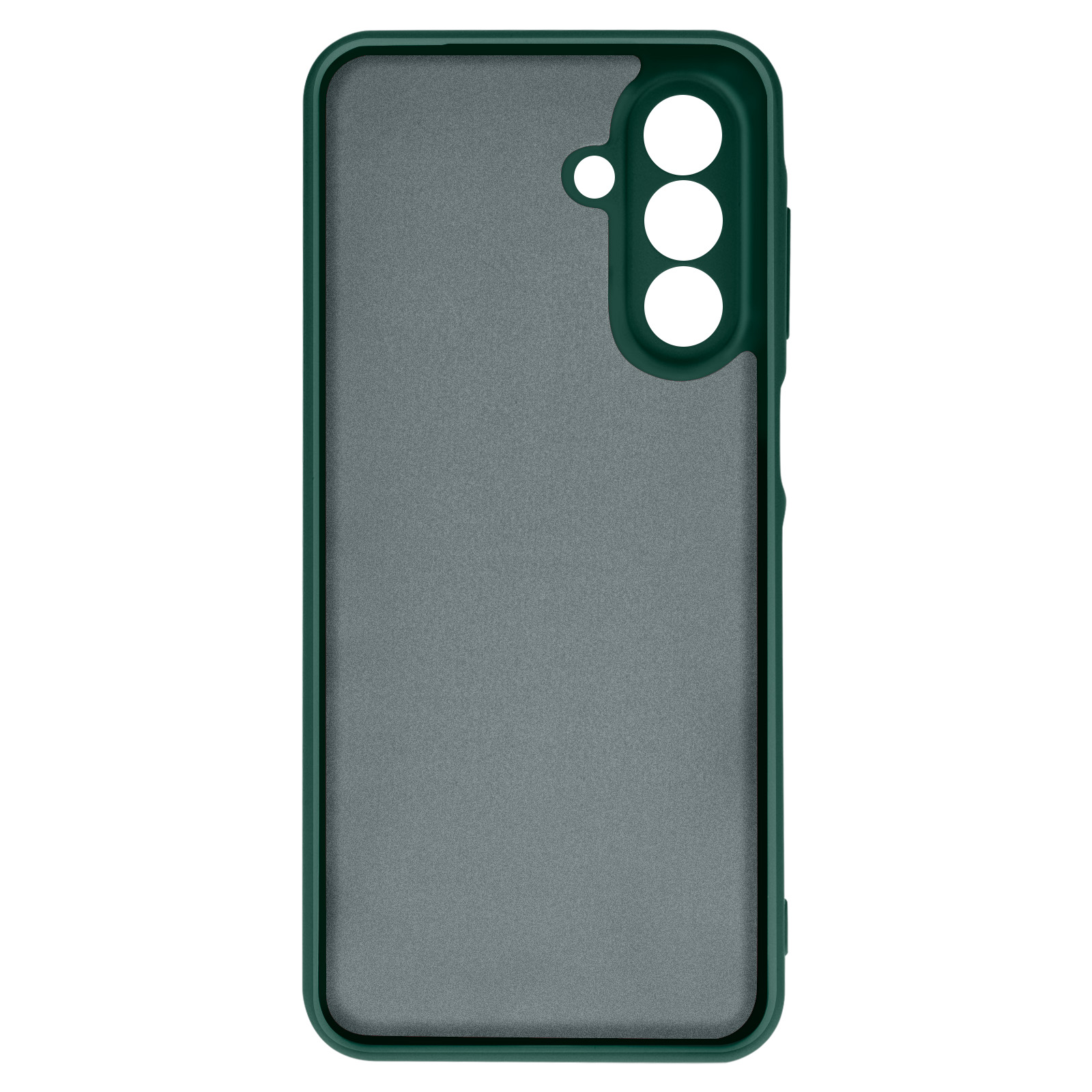Una custodia per telefono verde scuro con un telefono nero all'interno. La custodia ha ritagli per la fotocamera.