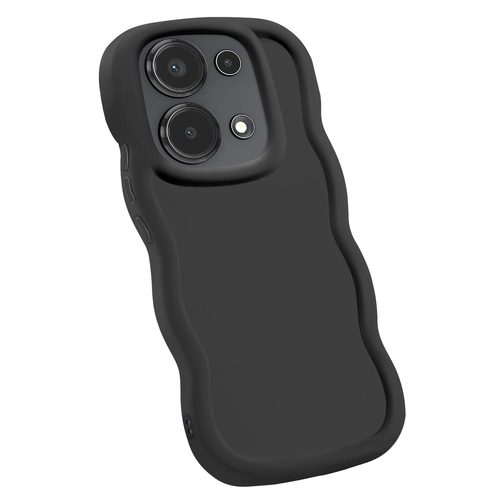 Custodia nera per telefono con bordi ondulati, che copre le fotocamere del telefono.
