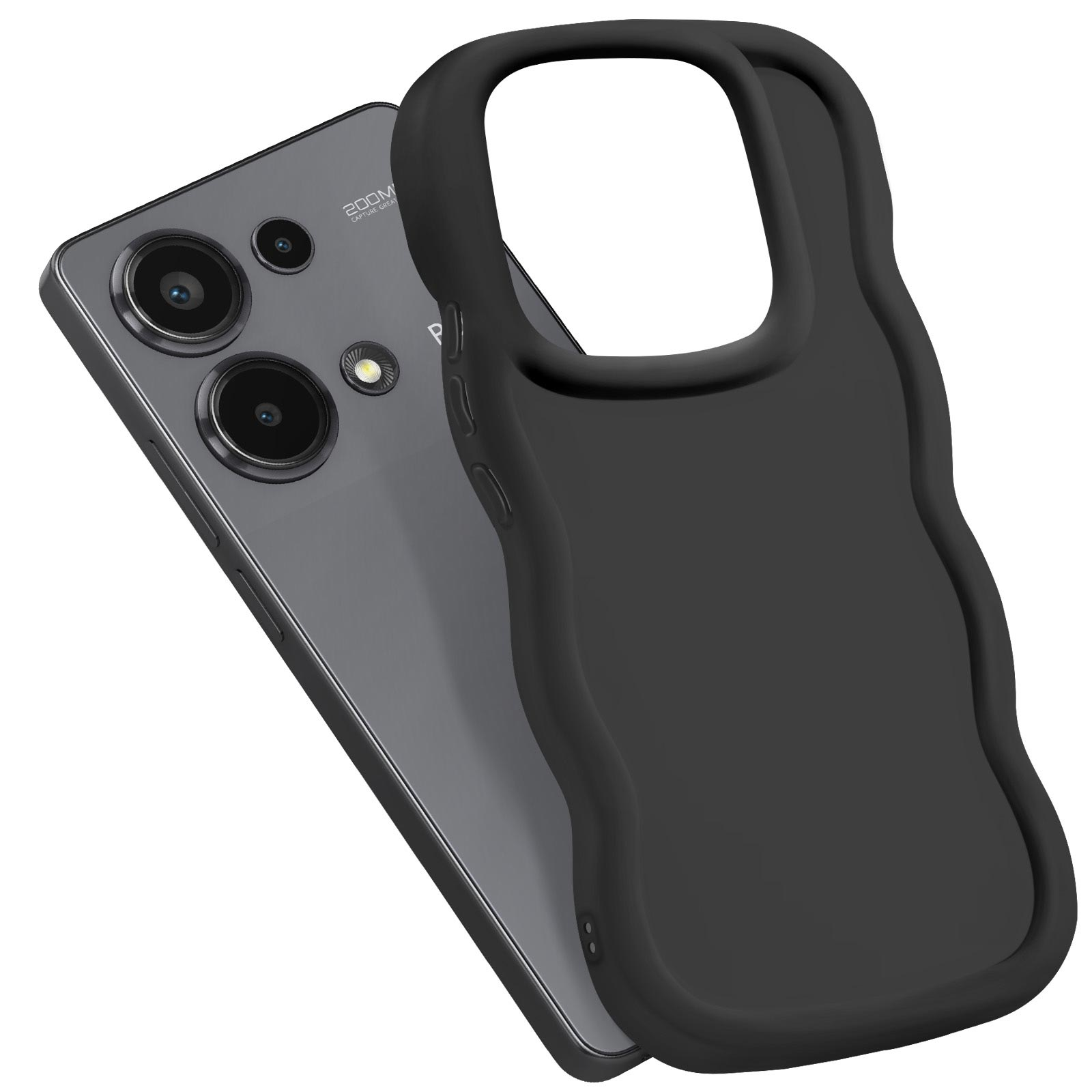 Un telefono nero con una custodia. Il telefono ha tre lenti per la fotocamera e la custodia ha un design ondulato.