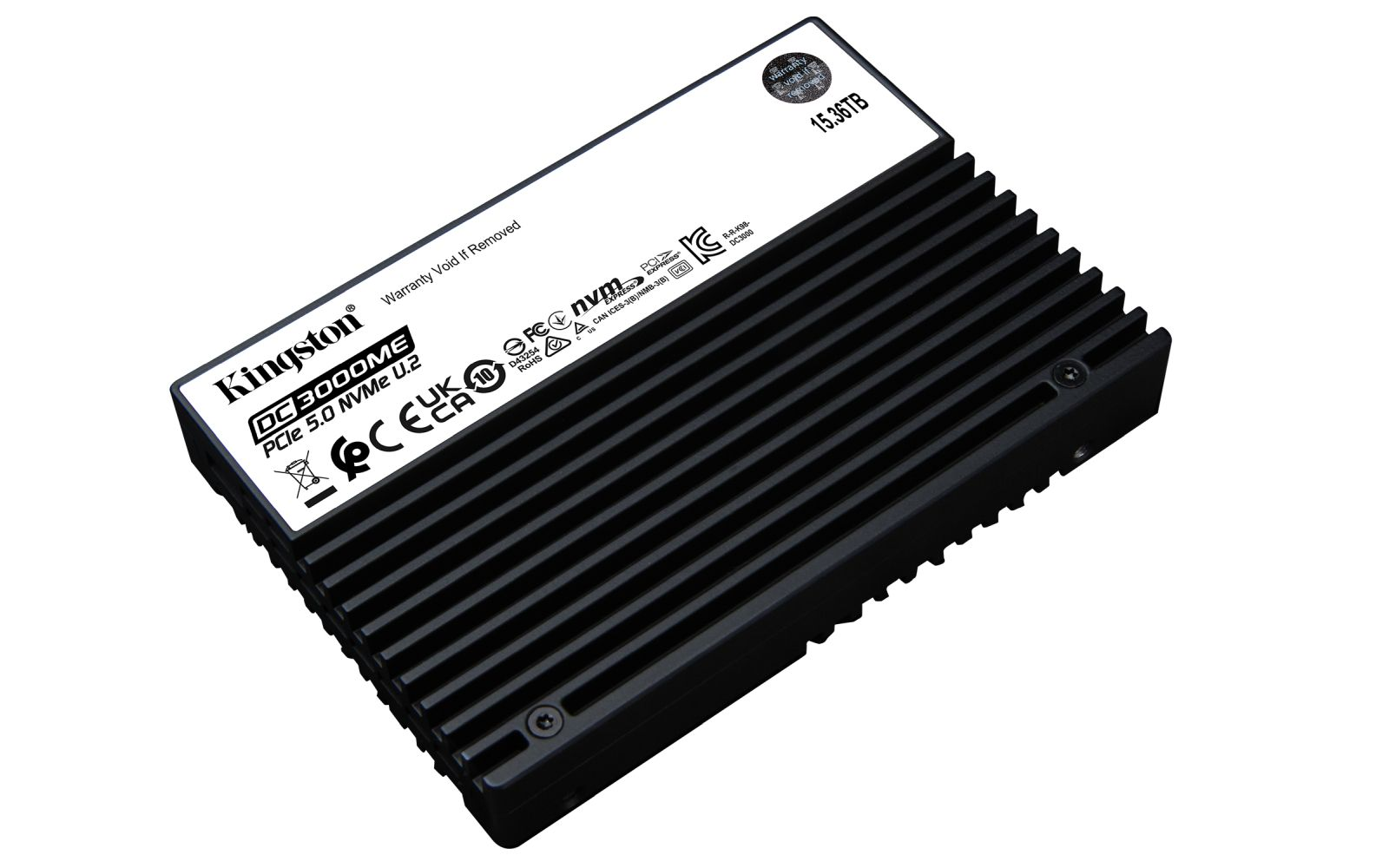 Schwarze Kingston SSD-Festplatte mit geriffeltem Metallgehäuse, schräge Ansicht.