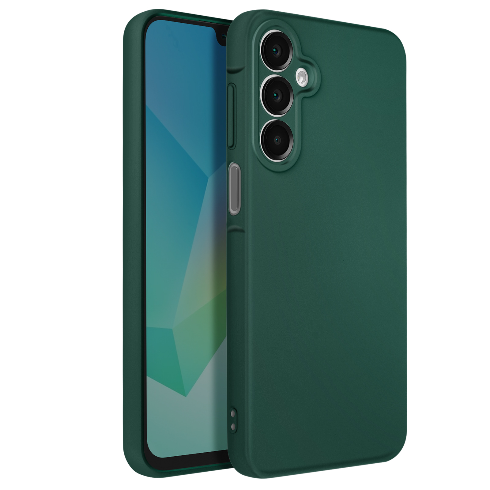 Custodia verde per telefono con tre obiettivi della fotocamera sul retro.