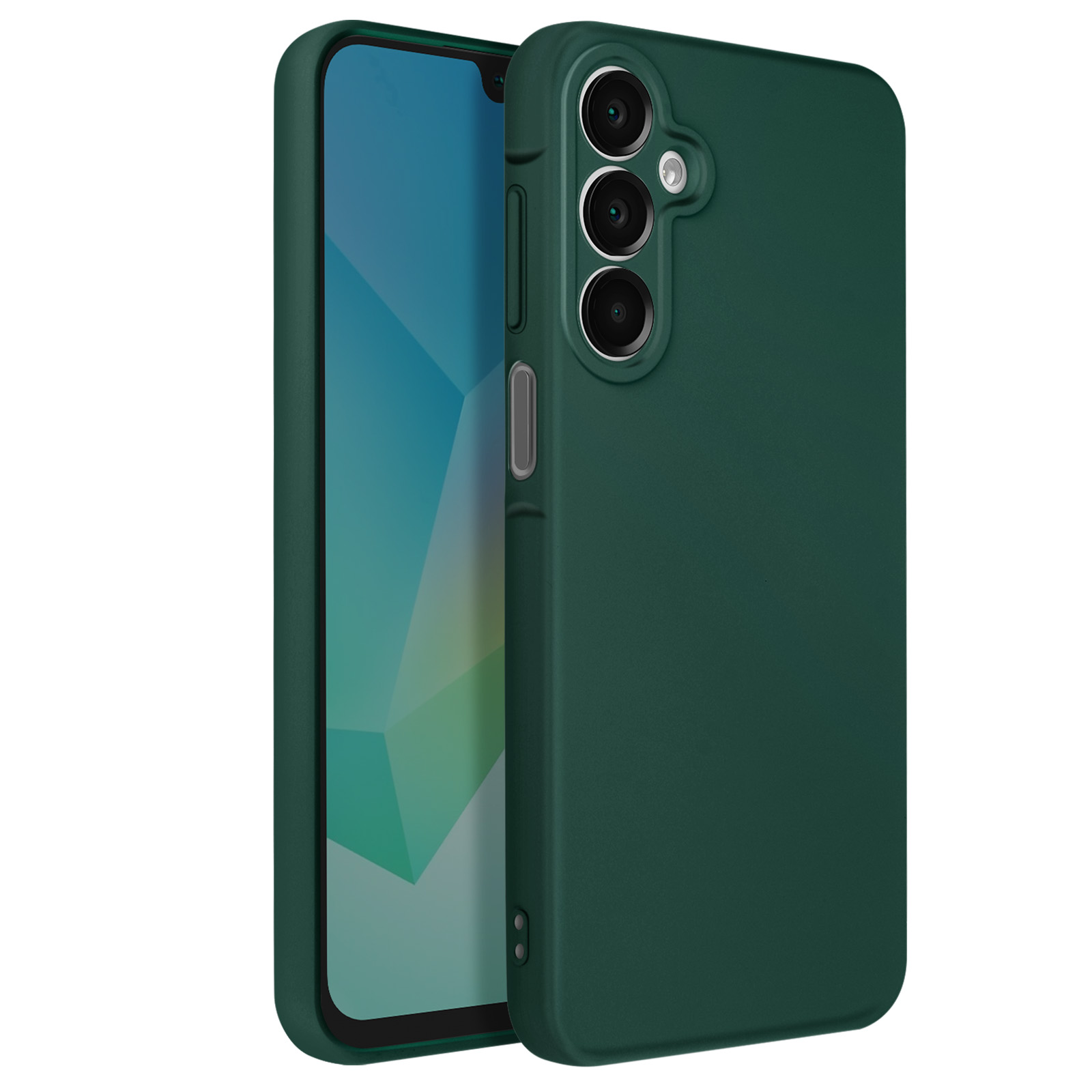 Custodia verde per telefono, che mostra l'array di fotocamere e i pulsanti laterali.