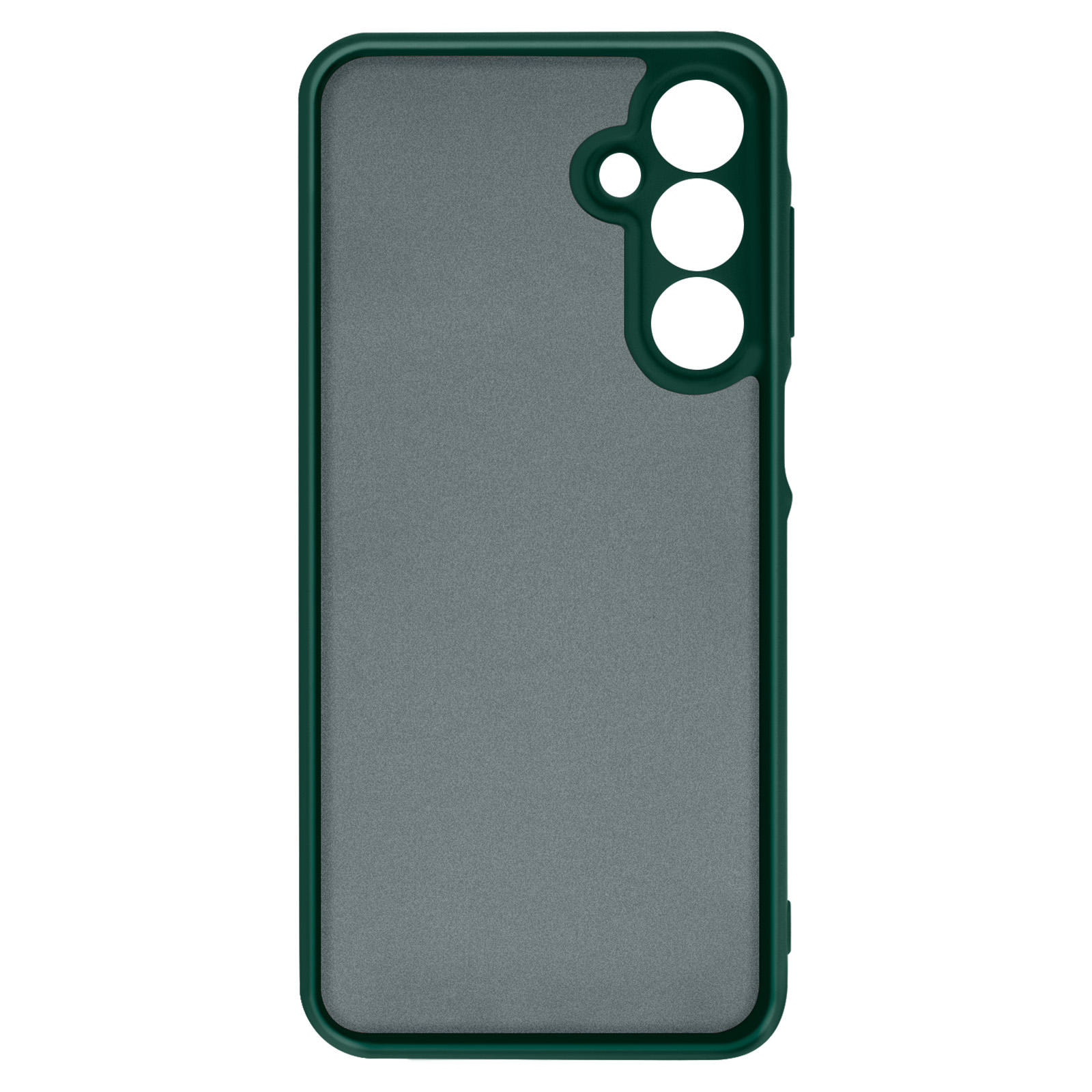 Una custodia per telefono verde scuro con retro grigio e tre aperture per la fotocamera.