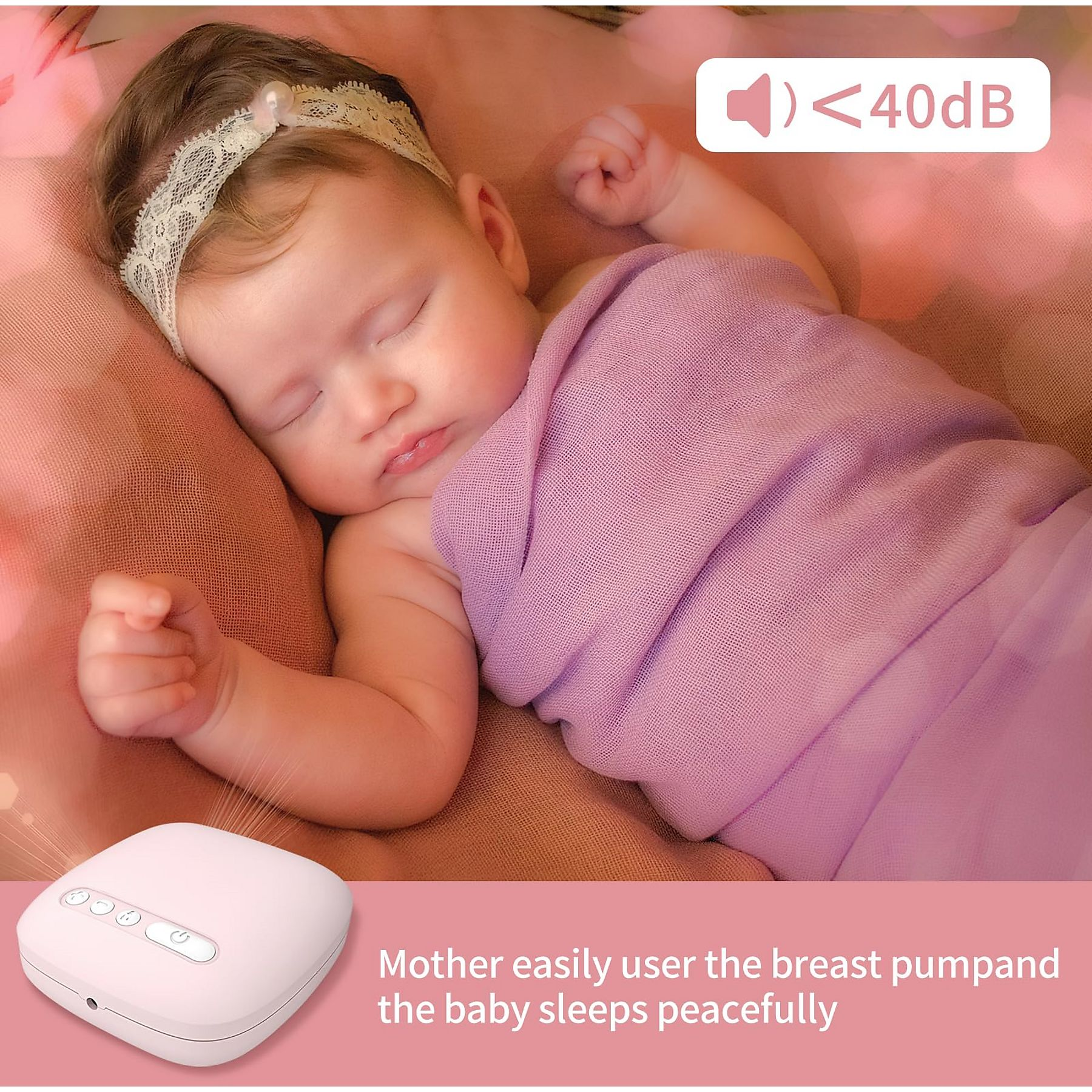 Schlafendes Baby mit rosa Decke und weißer Brustpumpe daneben.
