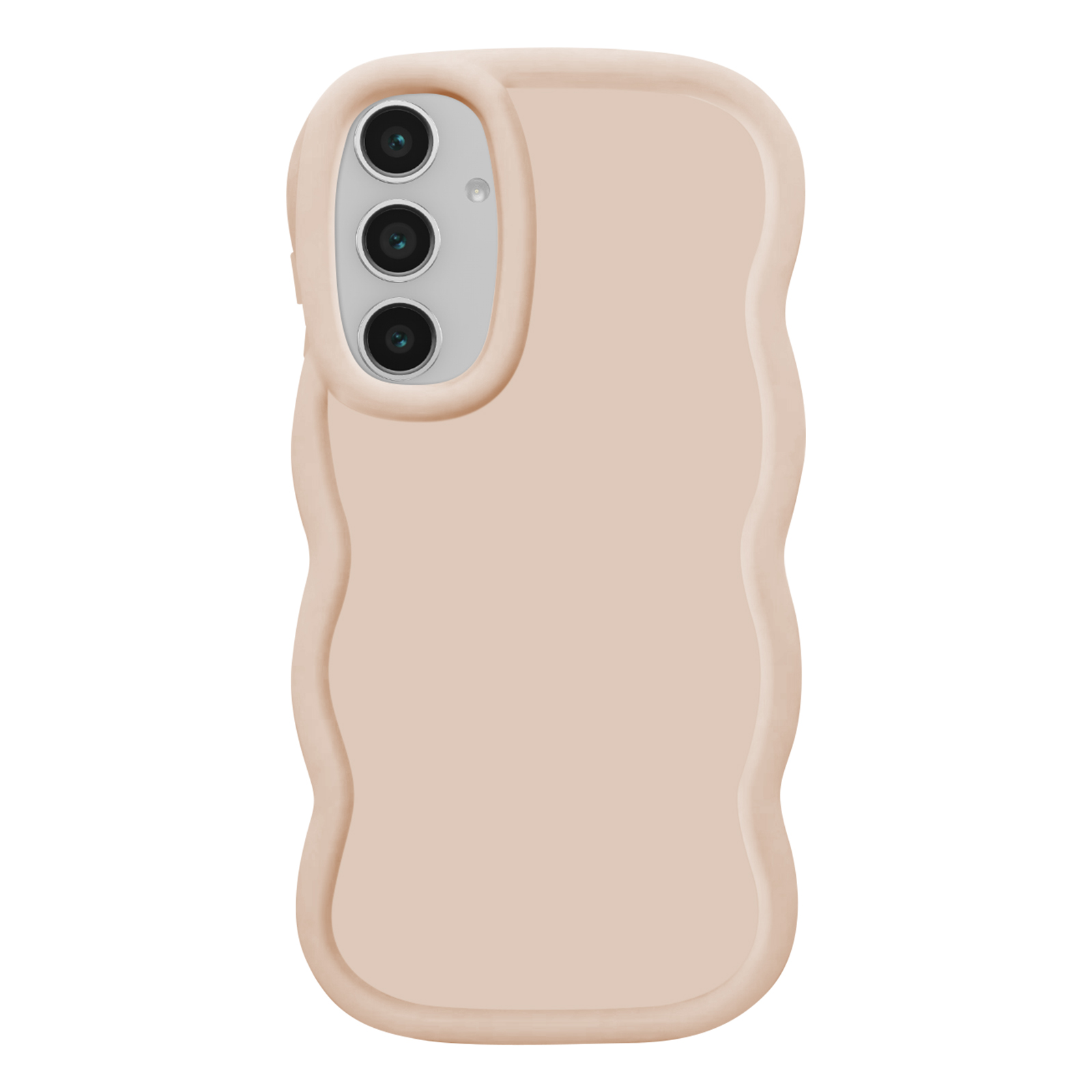 Custodia rosa per telefono con design a onda e tre obiettivi, vista verticale.