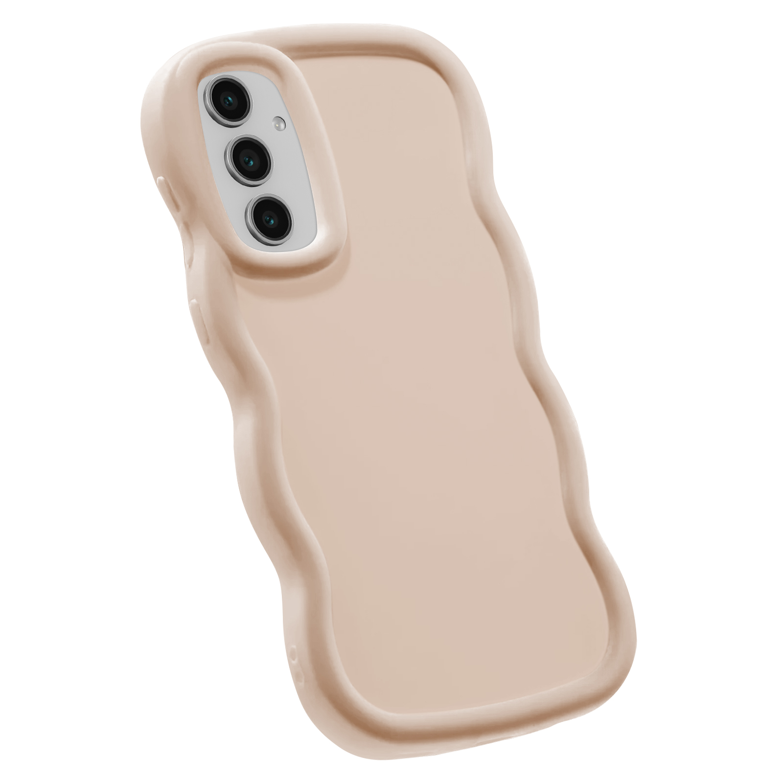 Custodia per telefono beige con un design ondulato, con configurazione a tripla fotocamera.