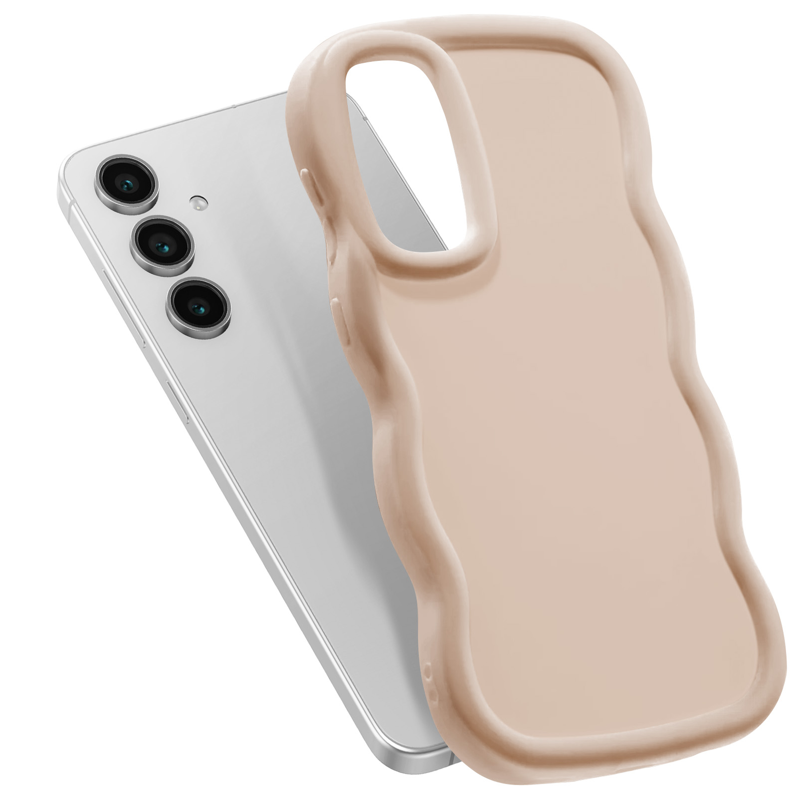 Telefono e custodia beige ondulata, con lenti della fotocamera visibili.