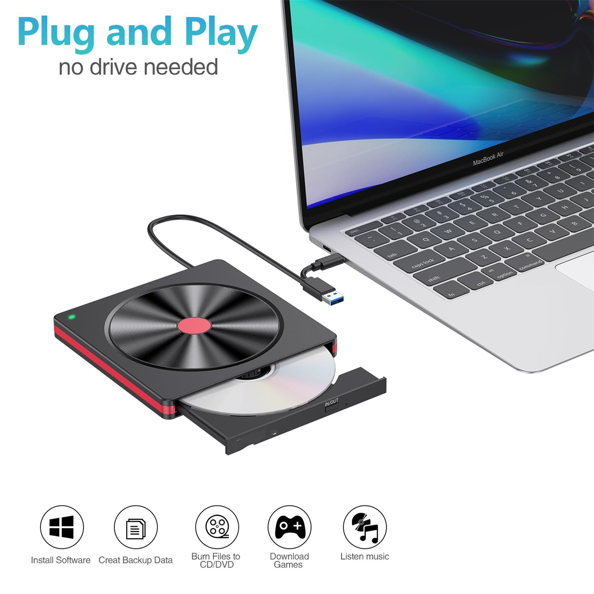 Ein schwarzes und rotes externes CD/DVD-Laufwerk, das mit einem Laptop verbunden ist, mit Symbolen.