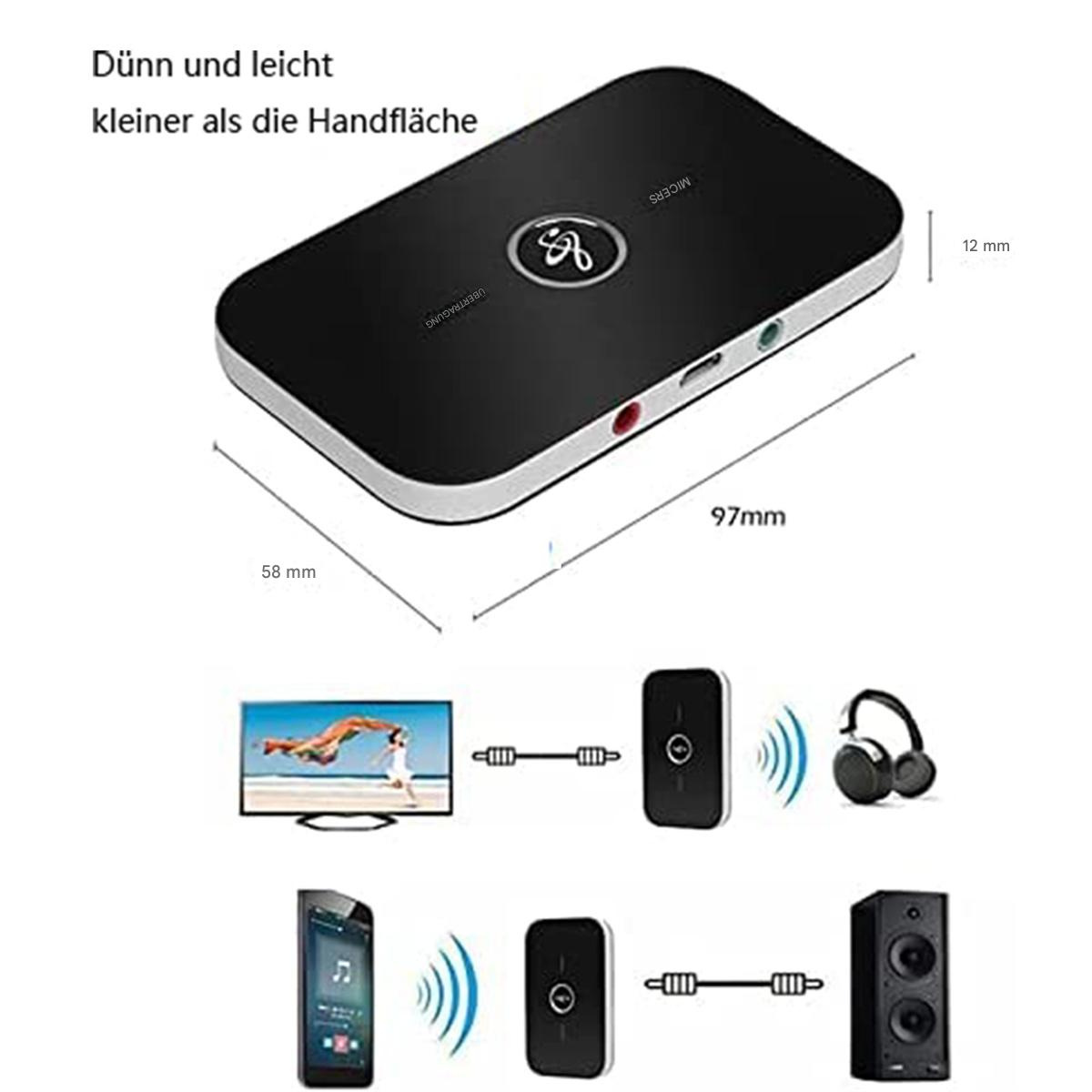 Schwarzer Audio-Transmitter mit Abmessungen und Anwendungsdiagrammen.