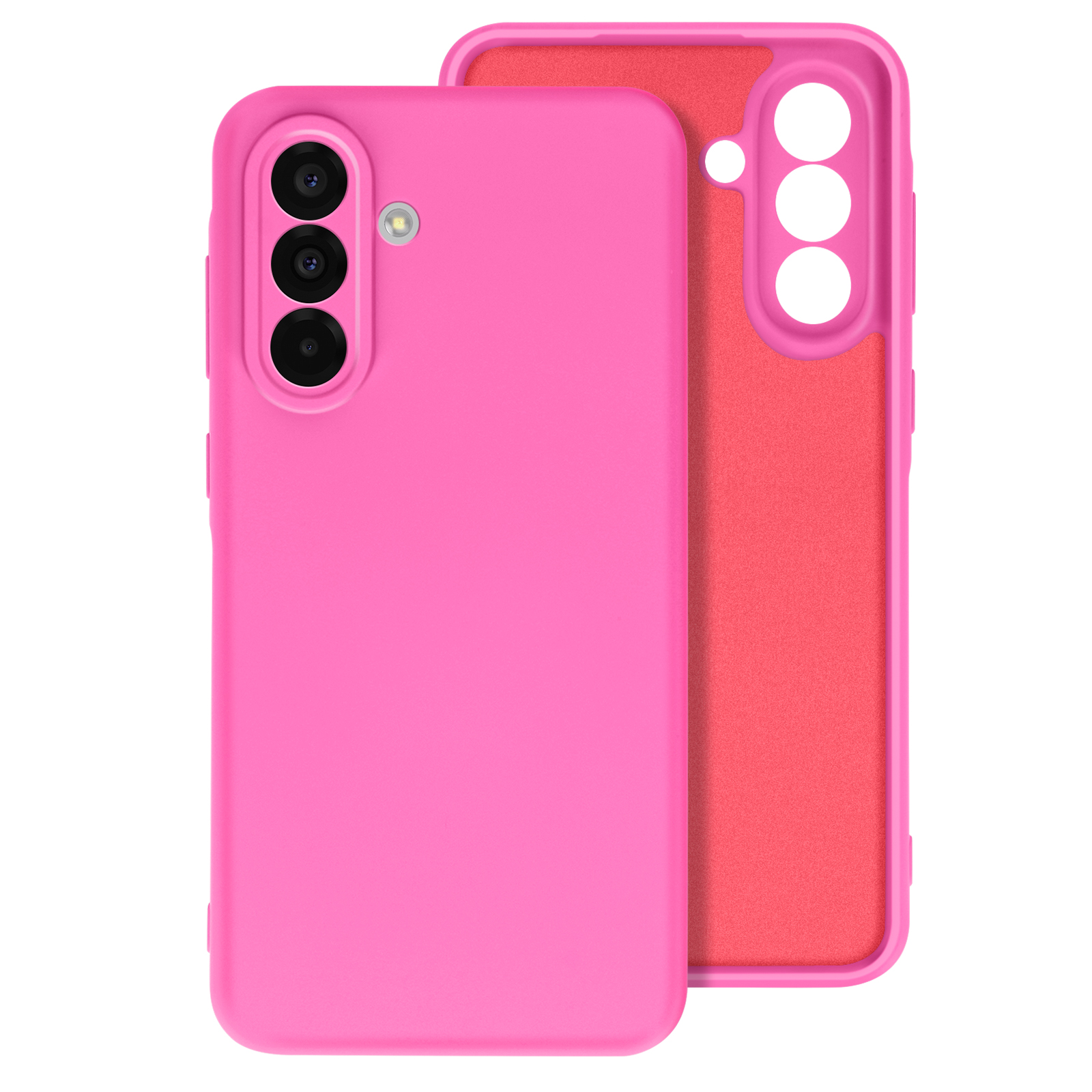 Deux coques de téléphone roses : l'une est sur le téléphone et l'autre à côté. Les deux ont des ouvertures pour les caméras.