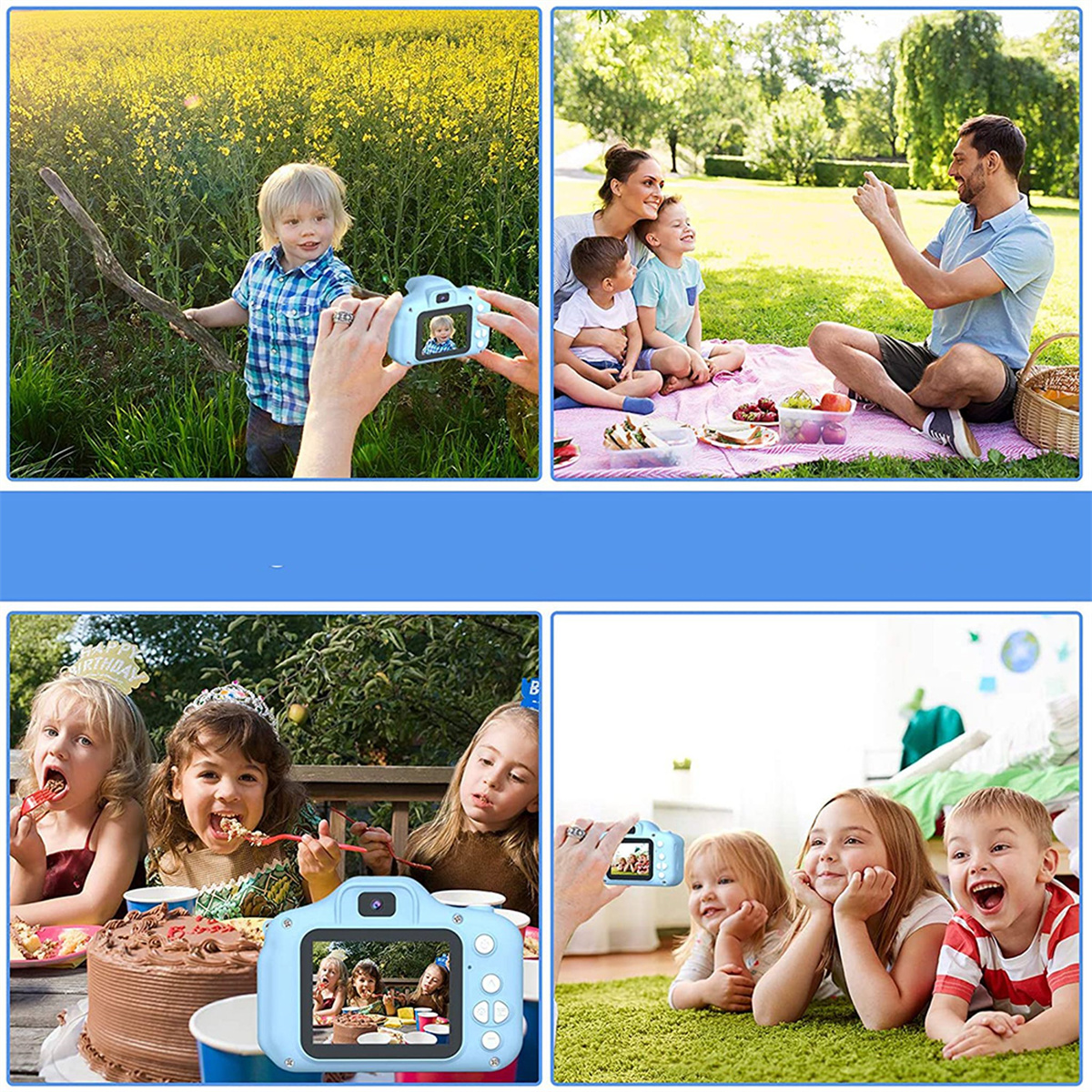 Vier Fotos von Kindern mit einer blauen Kamera. Szenen umfassen ein Feld, ein Picknick und Kuchen.