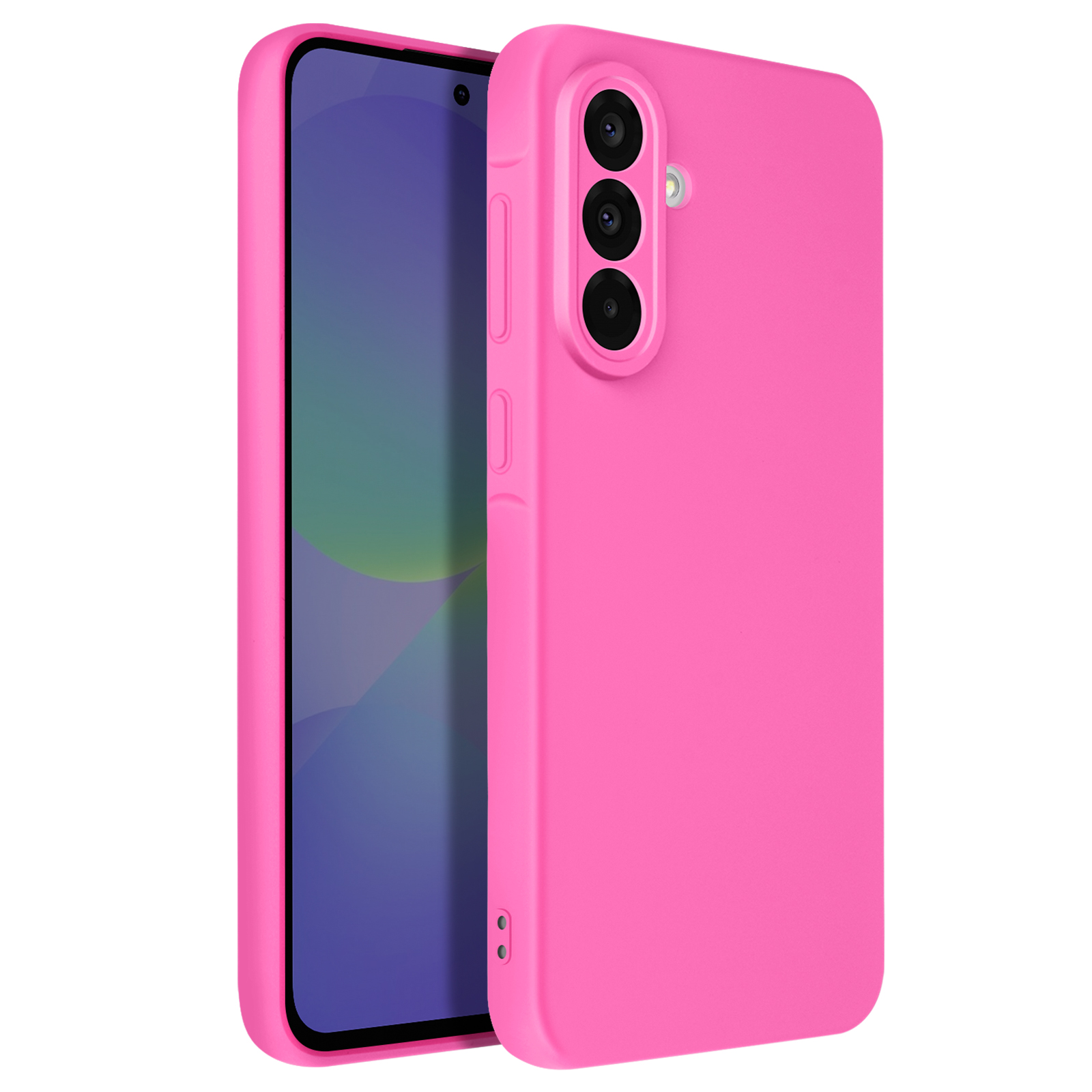 Une coque de téléphone rose avec un téléphone à l'intérieur. La coque a un module caméra à l'arrière.