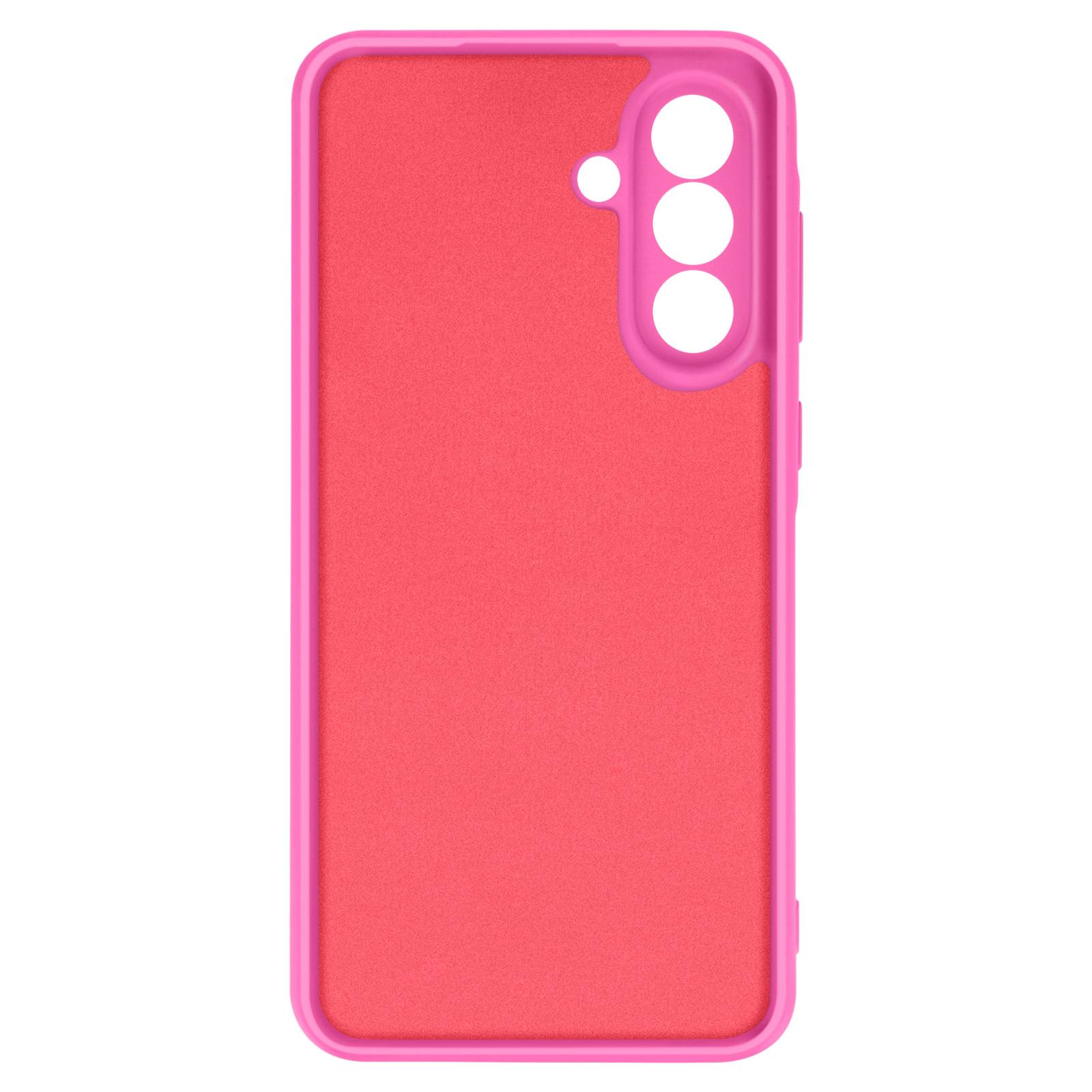 Une coque de téléphone rose avec un fond rouge et trois trous pour la caméra, isolée sur blanc.