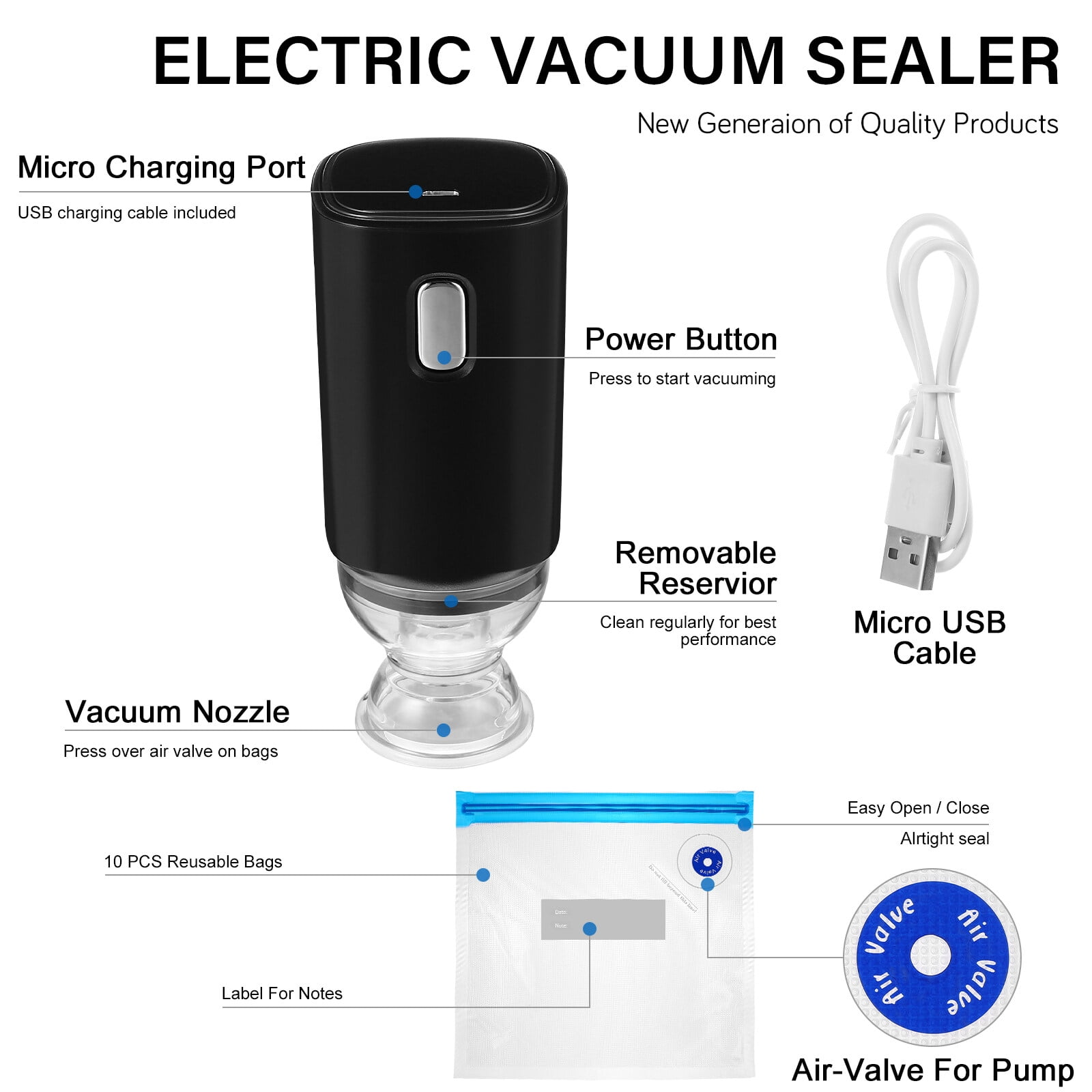 Schwarzes Vakuumiergerät mit Micro-USB-Kabel und Beutel mit Luftventil für Pumpe und Text.