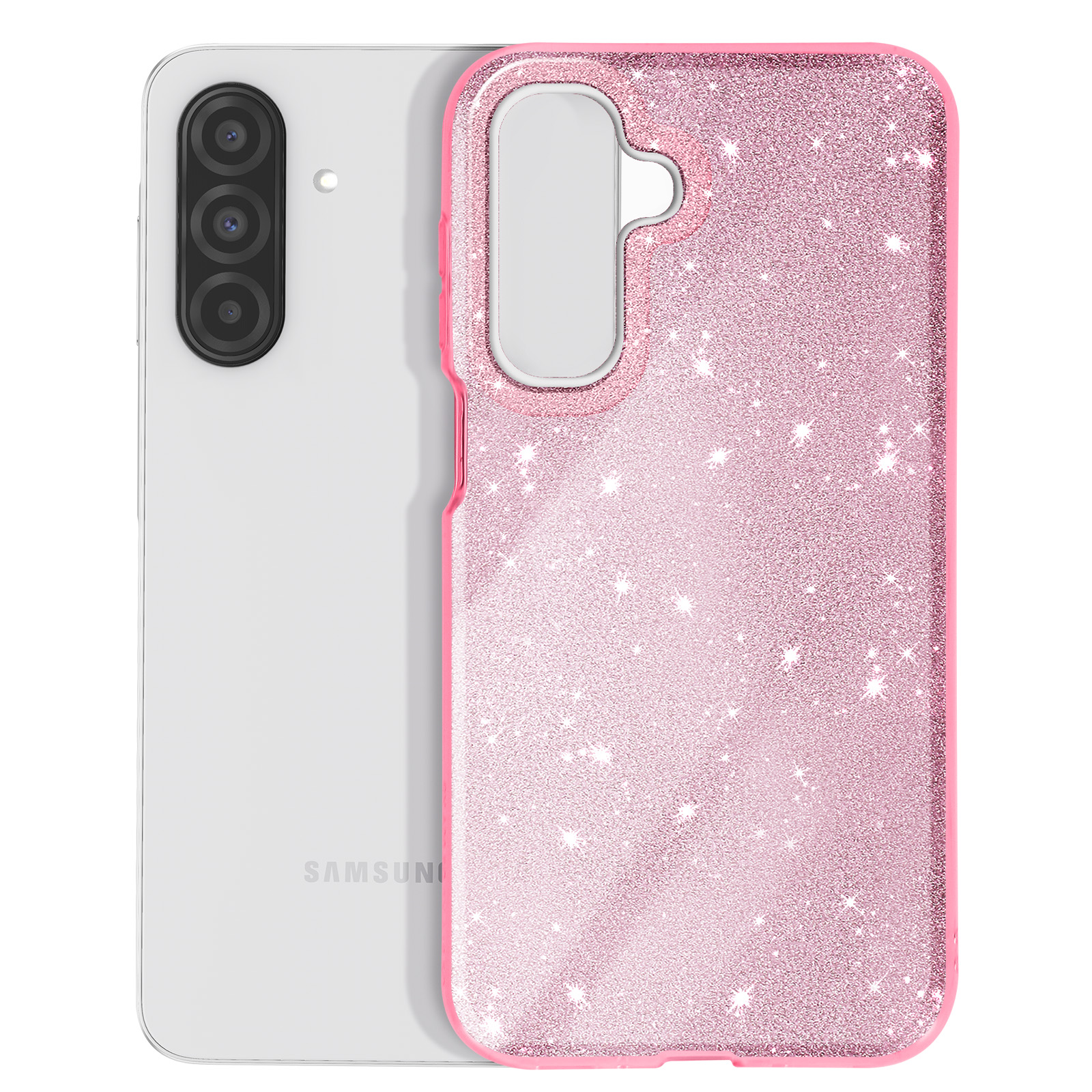 Eine rosa Handyhülle mit glitzerndem Sternenmuster.
