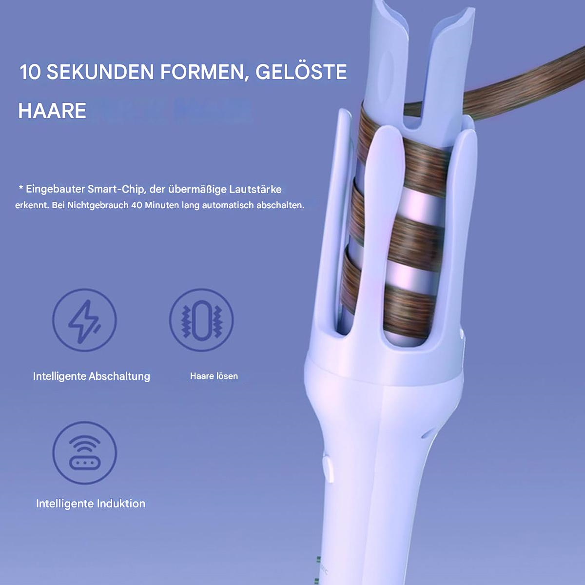 Haarcurler mit Text, der den Lockenprozess und die Funktionen zeigt. Weißer Hintergrund.