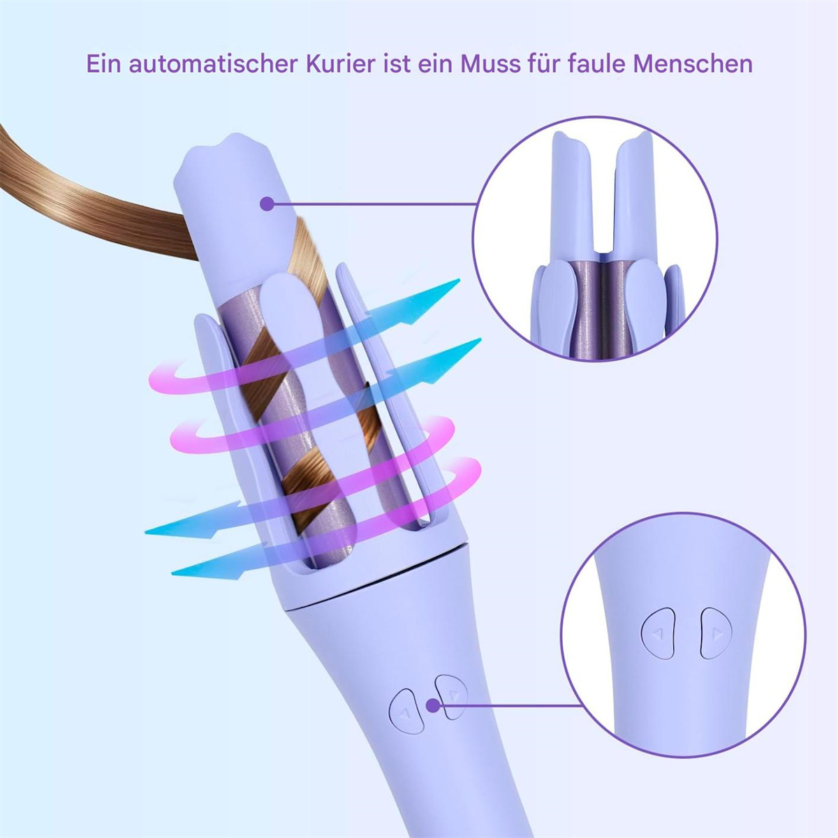 Haarwickler mit Text und Pfeilen. Rosa und blaue Farben. Nahaufnahme mit hellem Hintergrund.