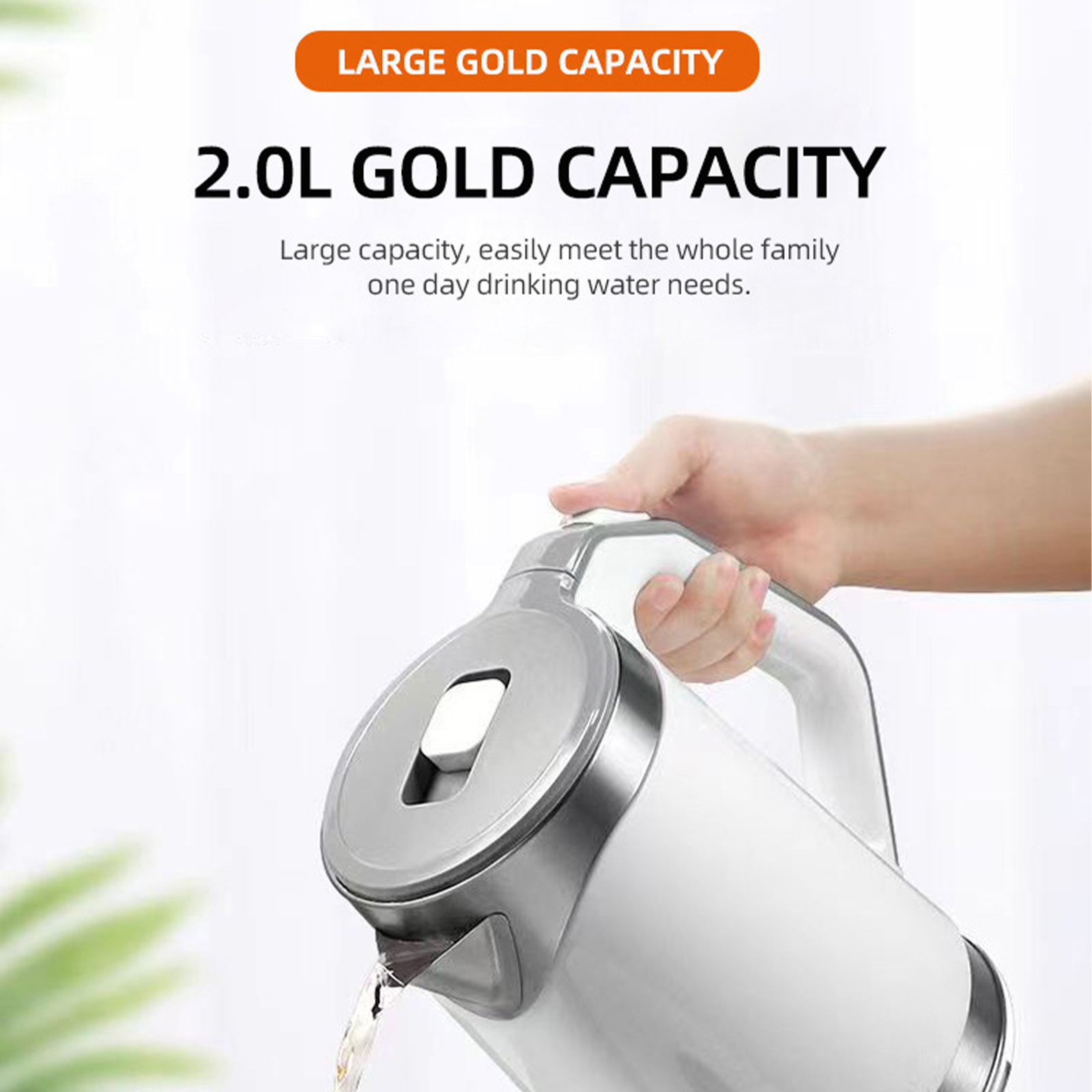 Ein weißer Wasserkocher gießt Wasser. Der Text lautet "2.0L GOLD CAPACITY".
