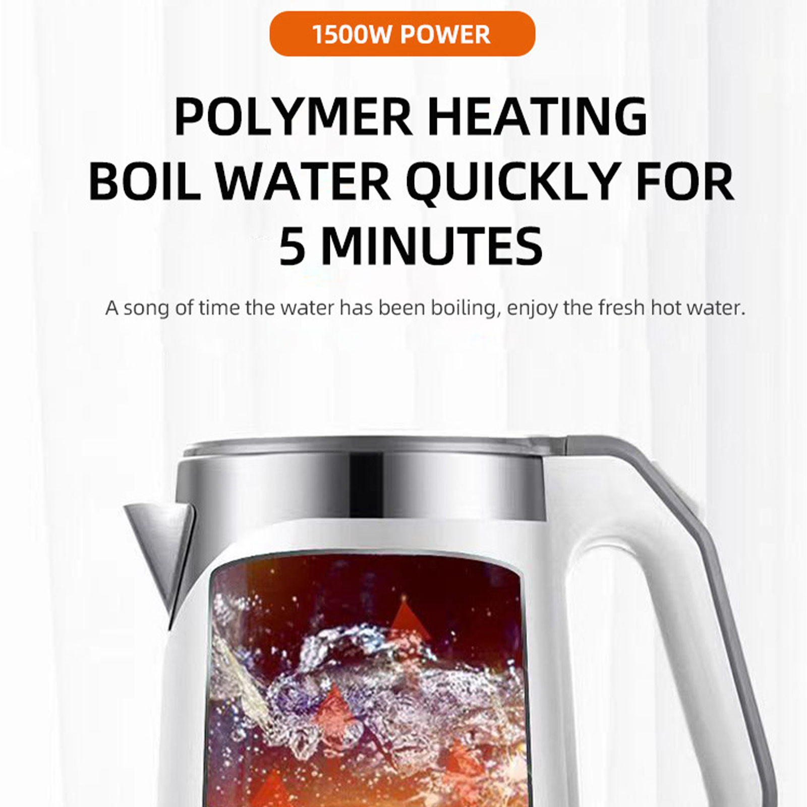Ein weißer Wasserkocher mit kochendem Wasser. Der Text oben lautet '1500W POWER' und 'BOIL WATER QUICKLY'.