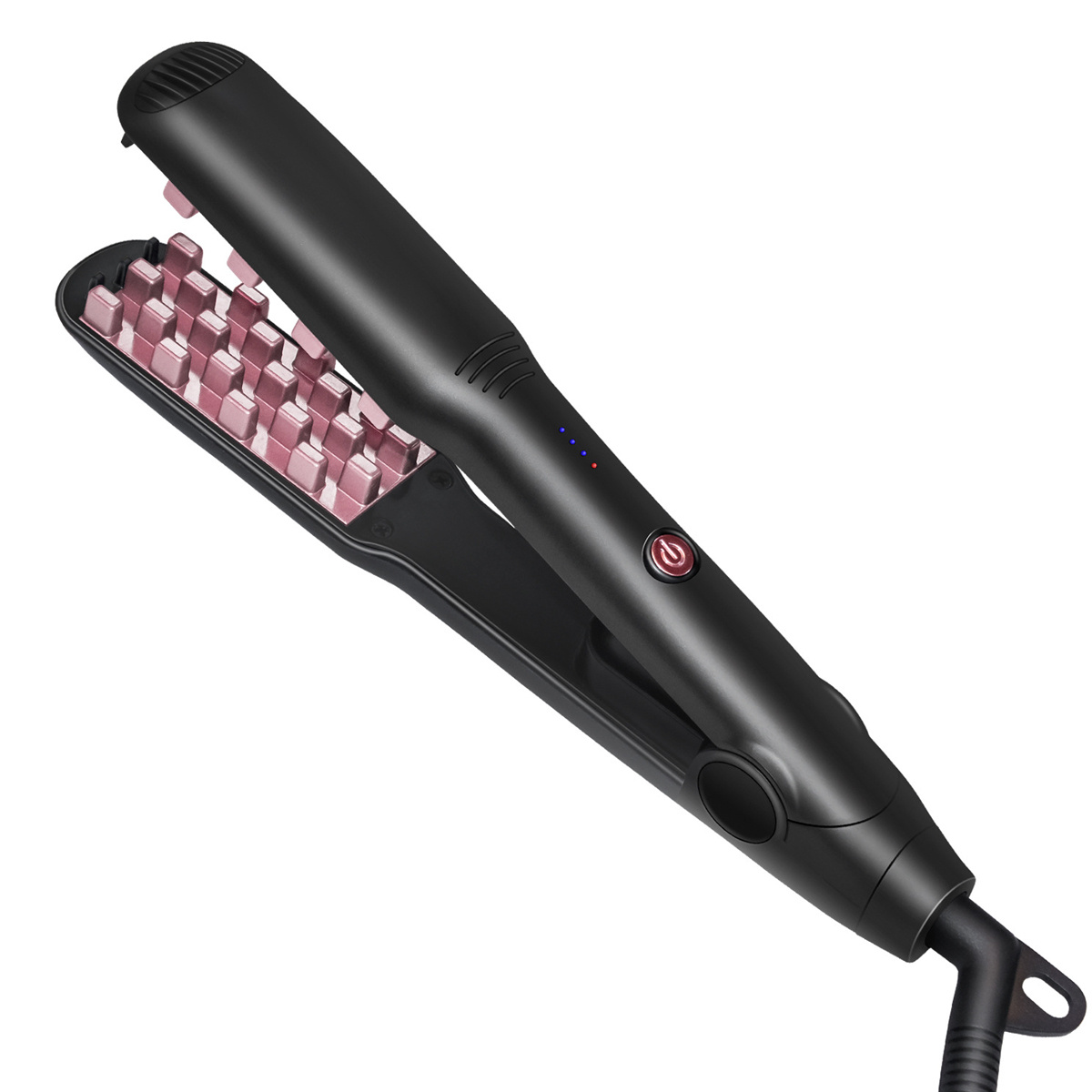 Schwarzer Haarglätter mit rosa Platten.