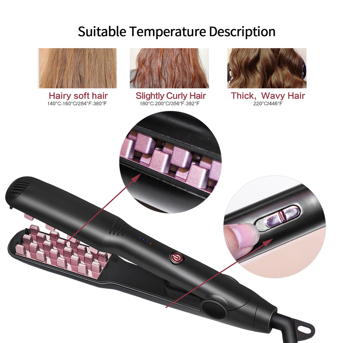Haarglätter mit Haarproben, die verschiedene Haartypen und geeignete Temperaturen zeigen.