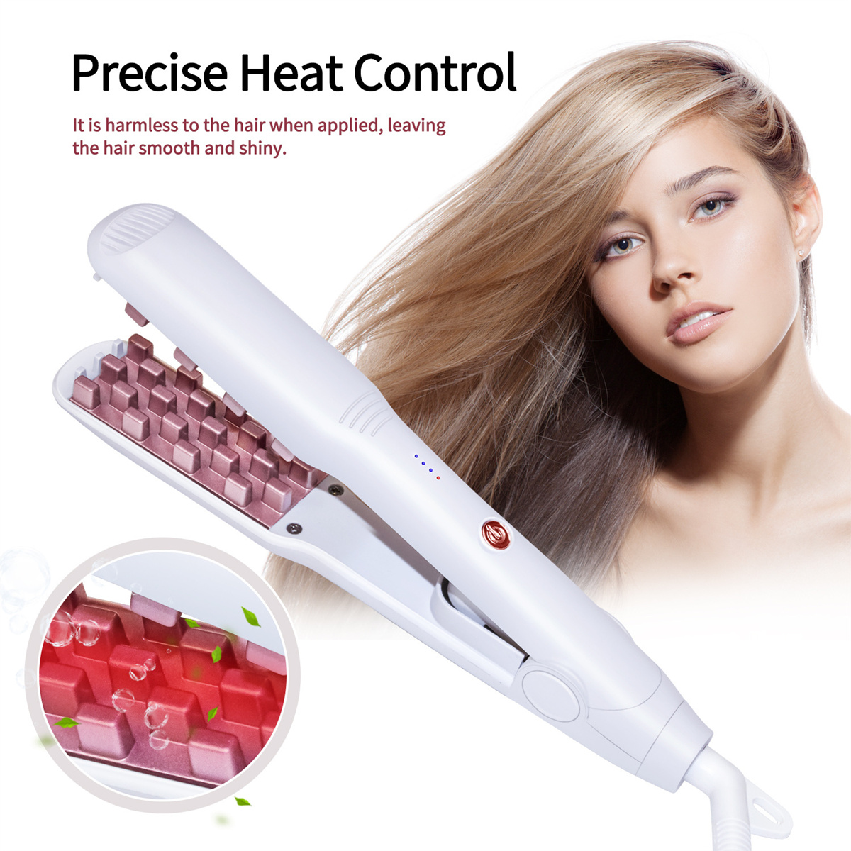 Eine Frau mit einem weißen Haarglätter. Der Glätter hat rosa Platten und ist offen.