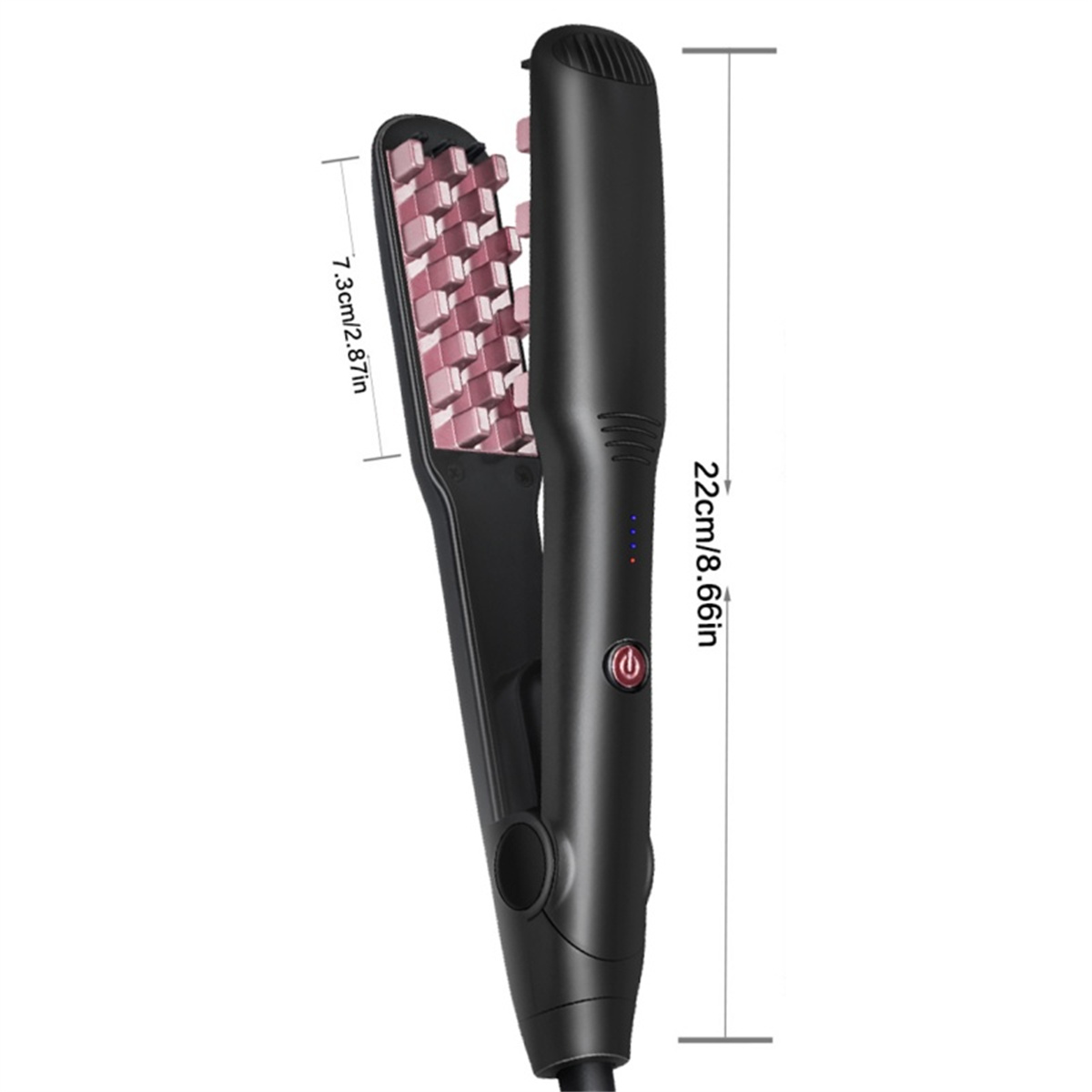 Schwarzer Haarglätter mit rosa strukturierten Platten. Maße sind angegeben. Weißer Hintergrund.