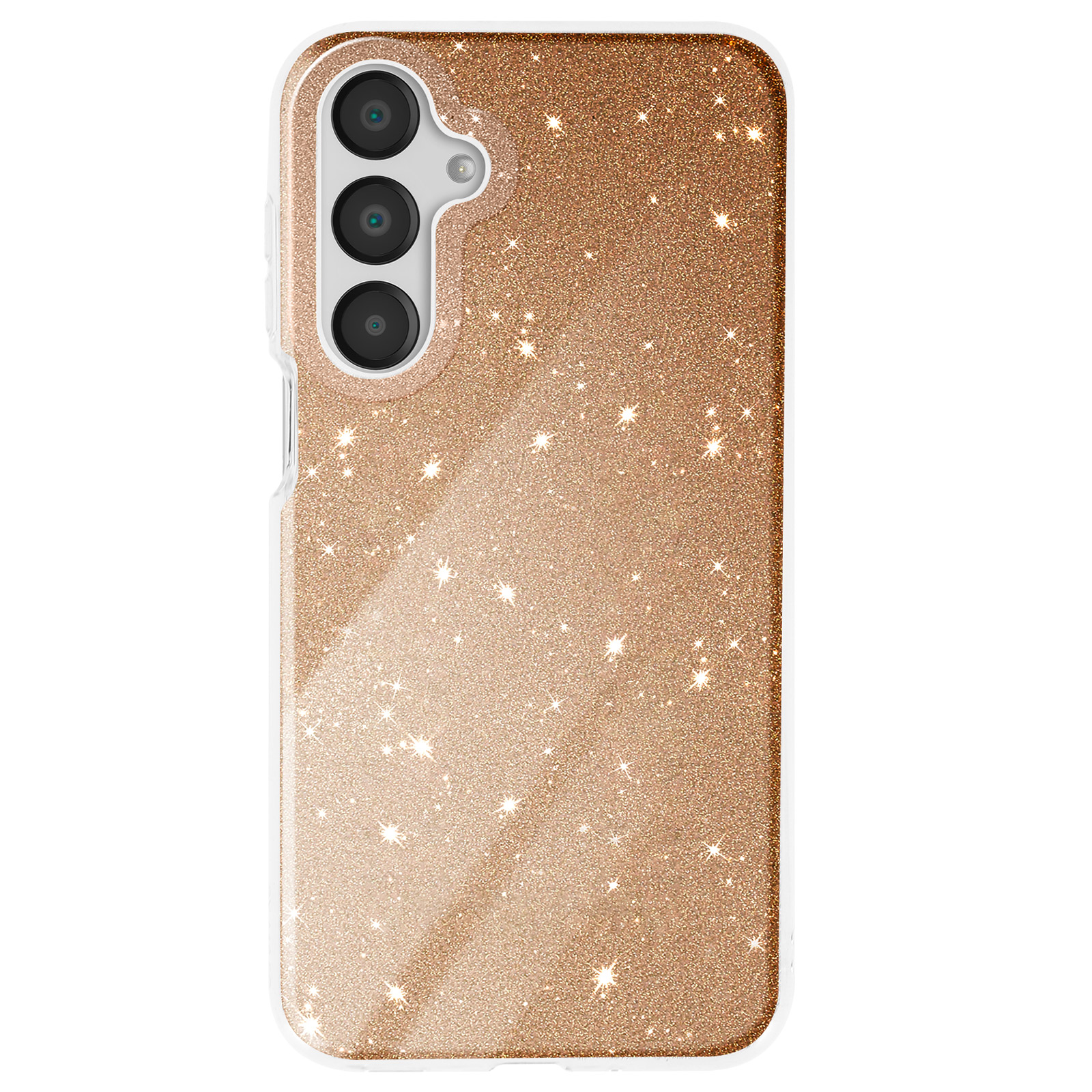 Una custodia per telefono color oro rosa con stelle scintillanti e una fotocamera.