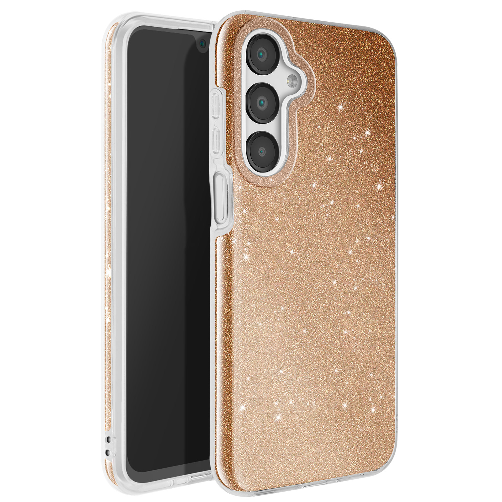 Custodia per telefono dorata glitterata con un telefono nero all'interno.