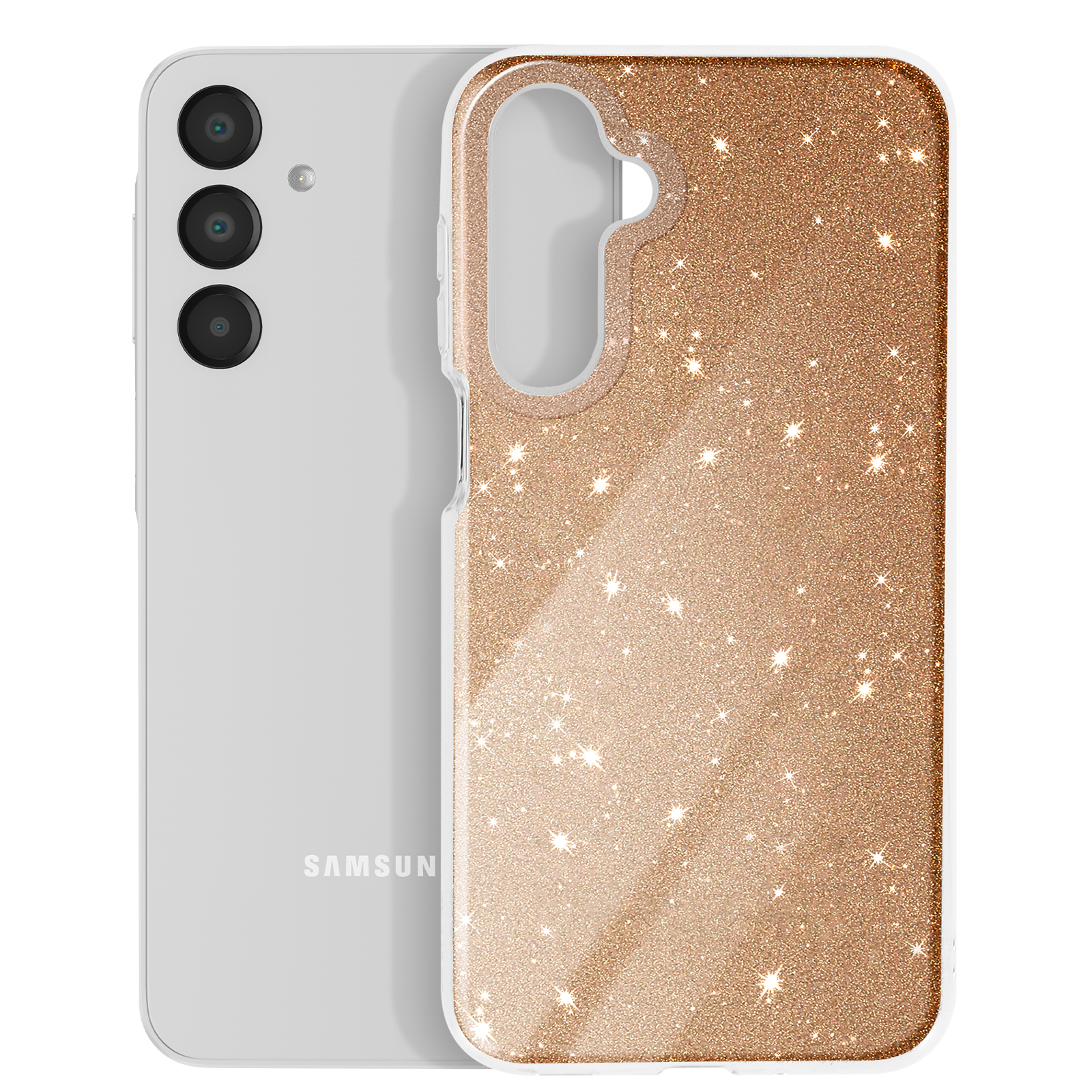 Una custodia per telefono con un design glitterato oro. La fotocamera del telefono è visibile.