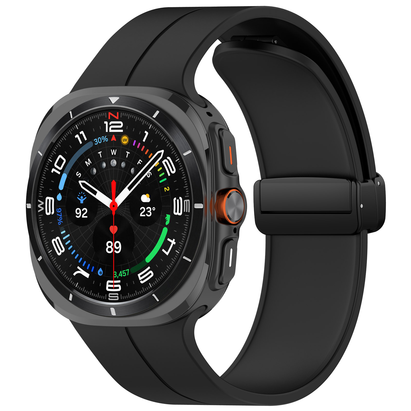 Eine schwarze Smartwatch mit rundem Zifferblatt und schwarzem Armband, auf weißem Hintergrund.