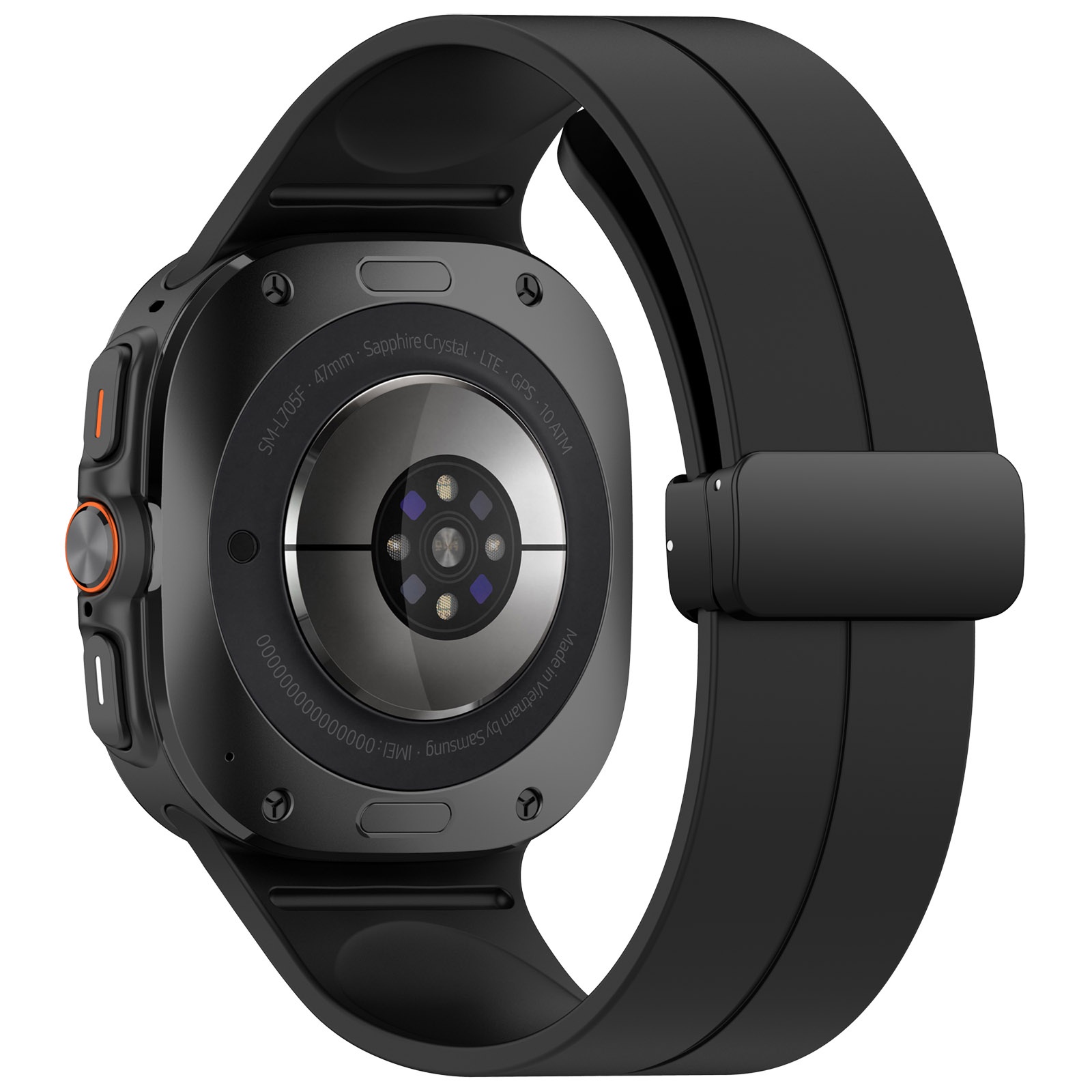 Rückansicht einer schwarzen Smartwatch mit schwarzem Armband, orangefarbenen Knöpfen und Herzfrequenzsensor.