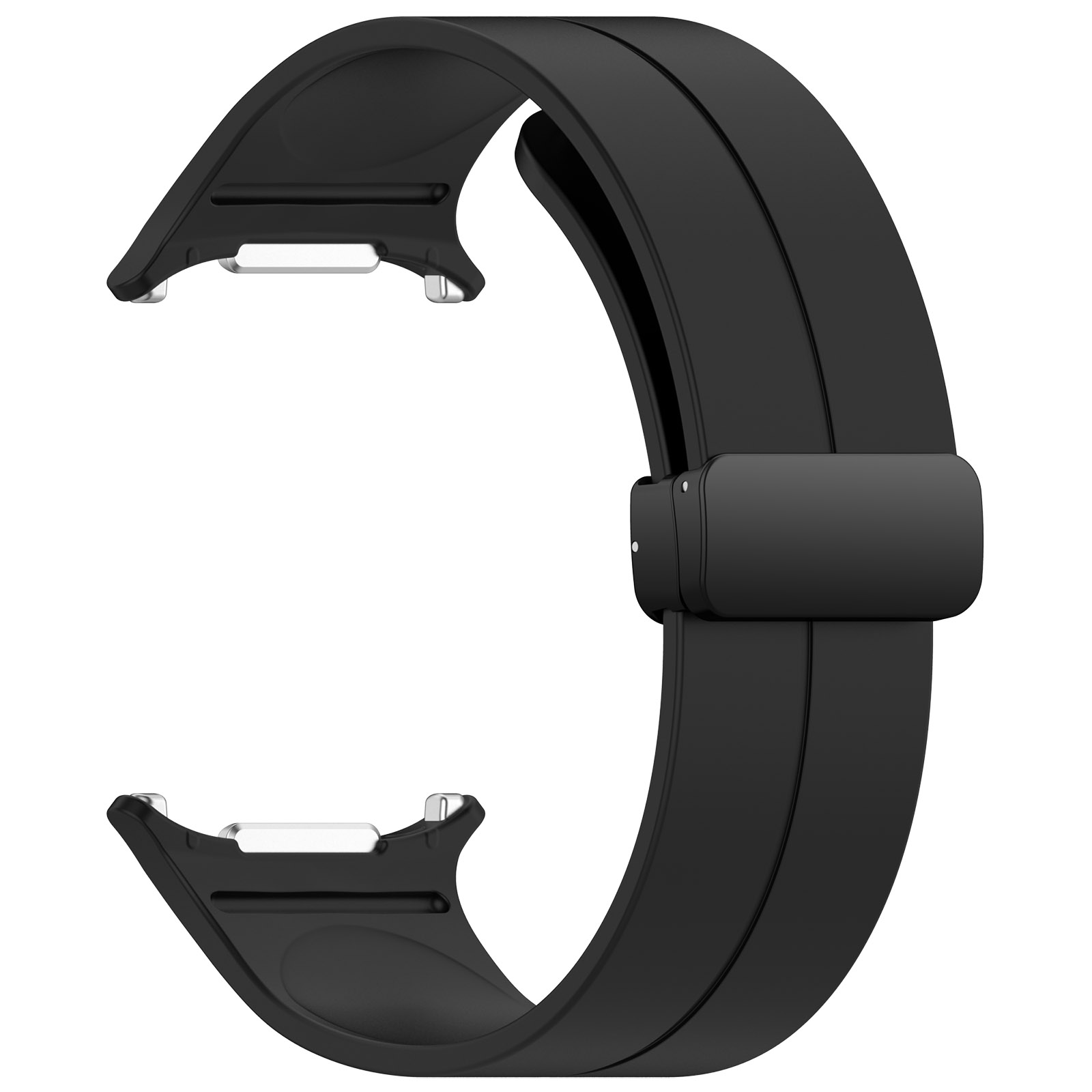 Ein schwarzes Uhrenarmband, gebogen mit einem Verschluss, vor weißem Hintergrund.