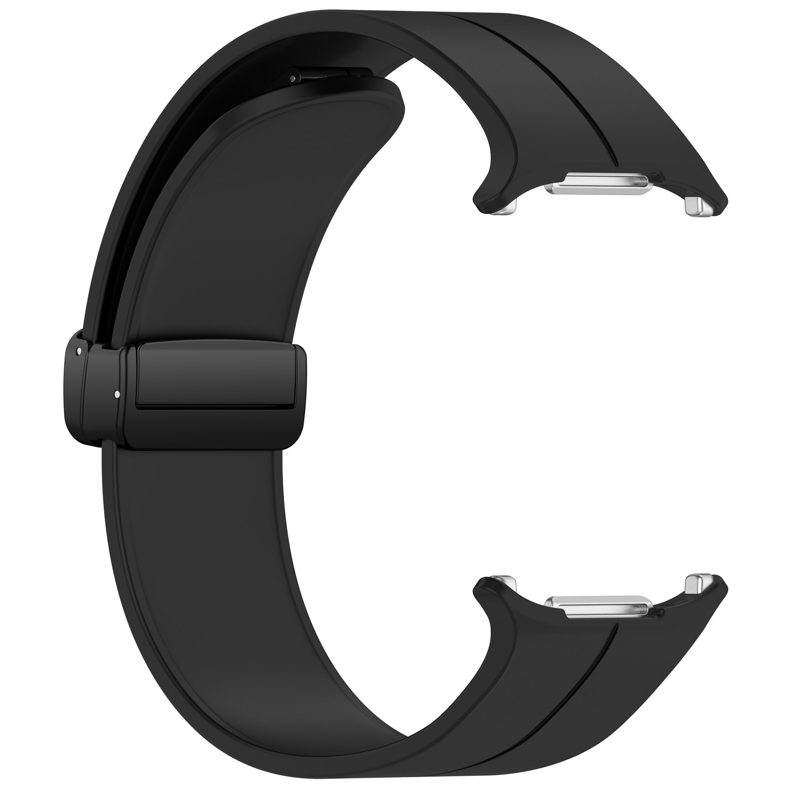 Ein schwarzes Uhrenarmband mit geschwungenem Design und Verschluss. Nahaufnahme.