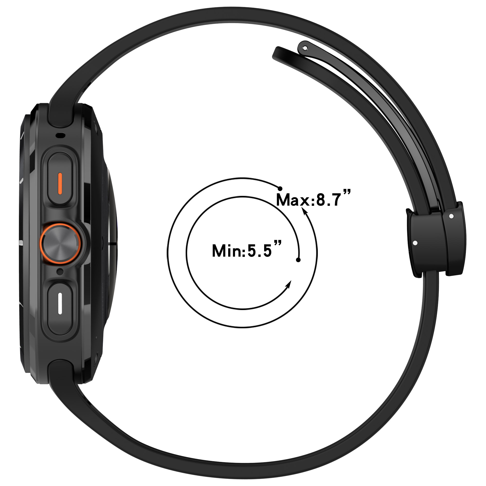 Seitenansicht einer schwarzen Smartwatch mit schwarzem Band und orangefarbener Taste.