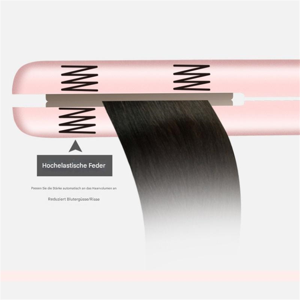 Ein rosa Glätteisen mit schwarzen Heizplatten und Federdetails.