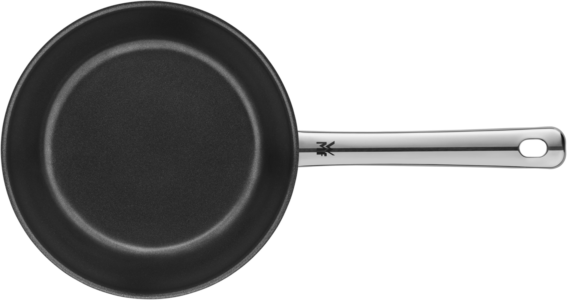 Schwarze Bratpfanne mit silbernem Griff. Antihaftbeschichtete Kochfläche. WMF-Logo sichtbar.