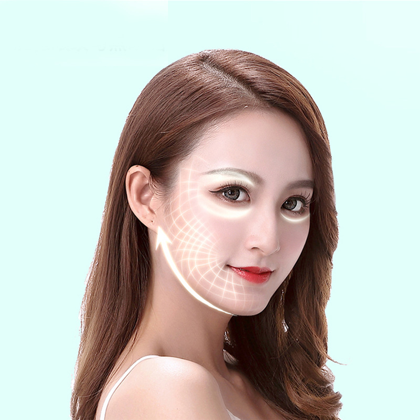 Das Gesicht einer Frau mit einem Gitter-Overlay, das Wangenknochen und einen weißen Pfeil hervorhebt, auf türkisem Hintergrund.