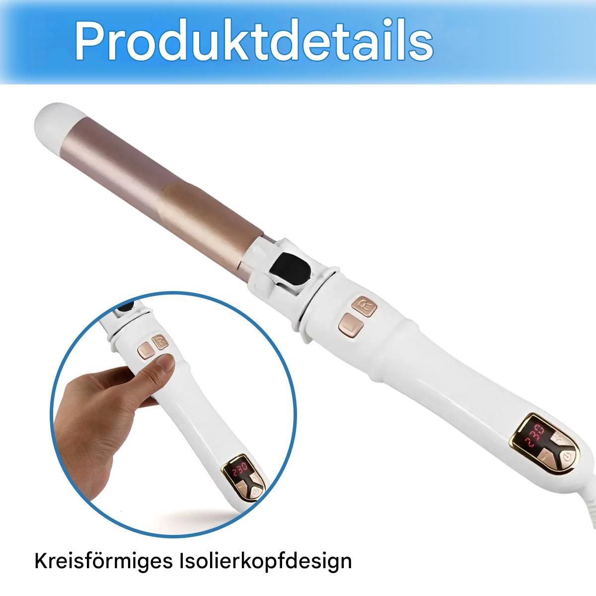 Ein weißer und goldener Lockenstab mit detaillierter Nahaufnahme und Text auf Deutsch.