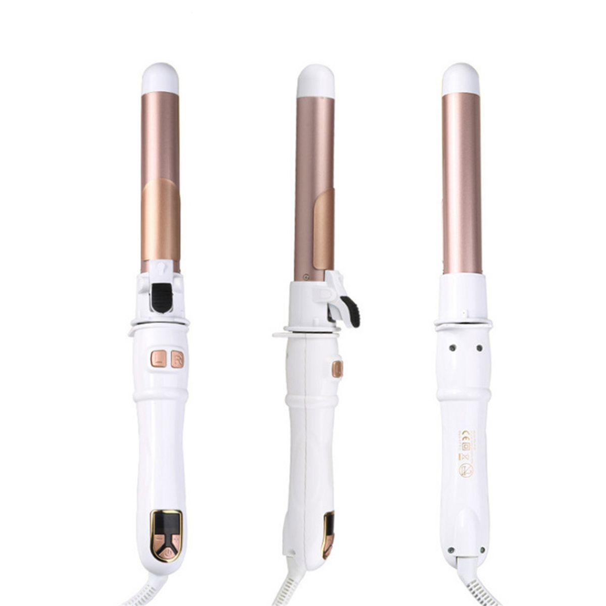 Drei Lockenstäbe in Weiß und Roségold. Sie haben weiße Griffe und goldfarbene Akzente.
