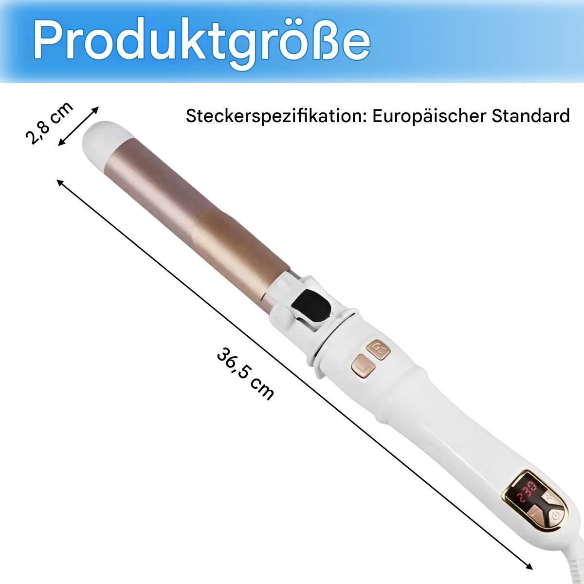 Ein Lockenstab mit weißem und goldenem Design. Die Abmessungen sind beschriftet.