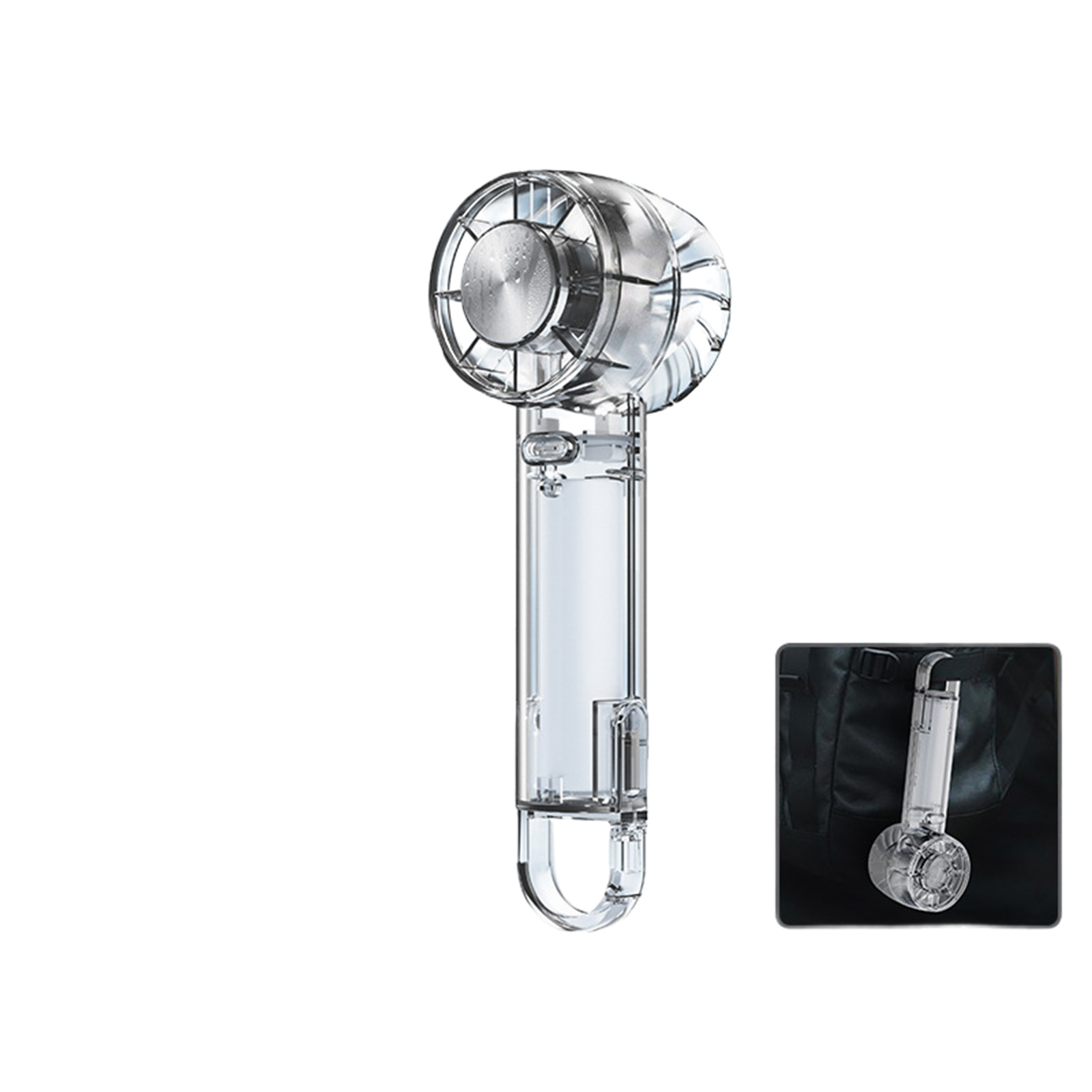 Transparenter Handventilator mit schwarzem Gehäuse. Der Ventilator ist transparent.