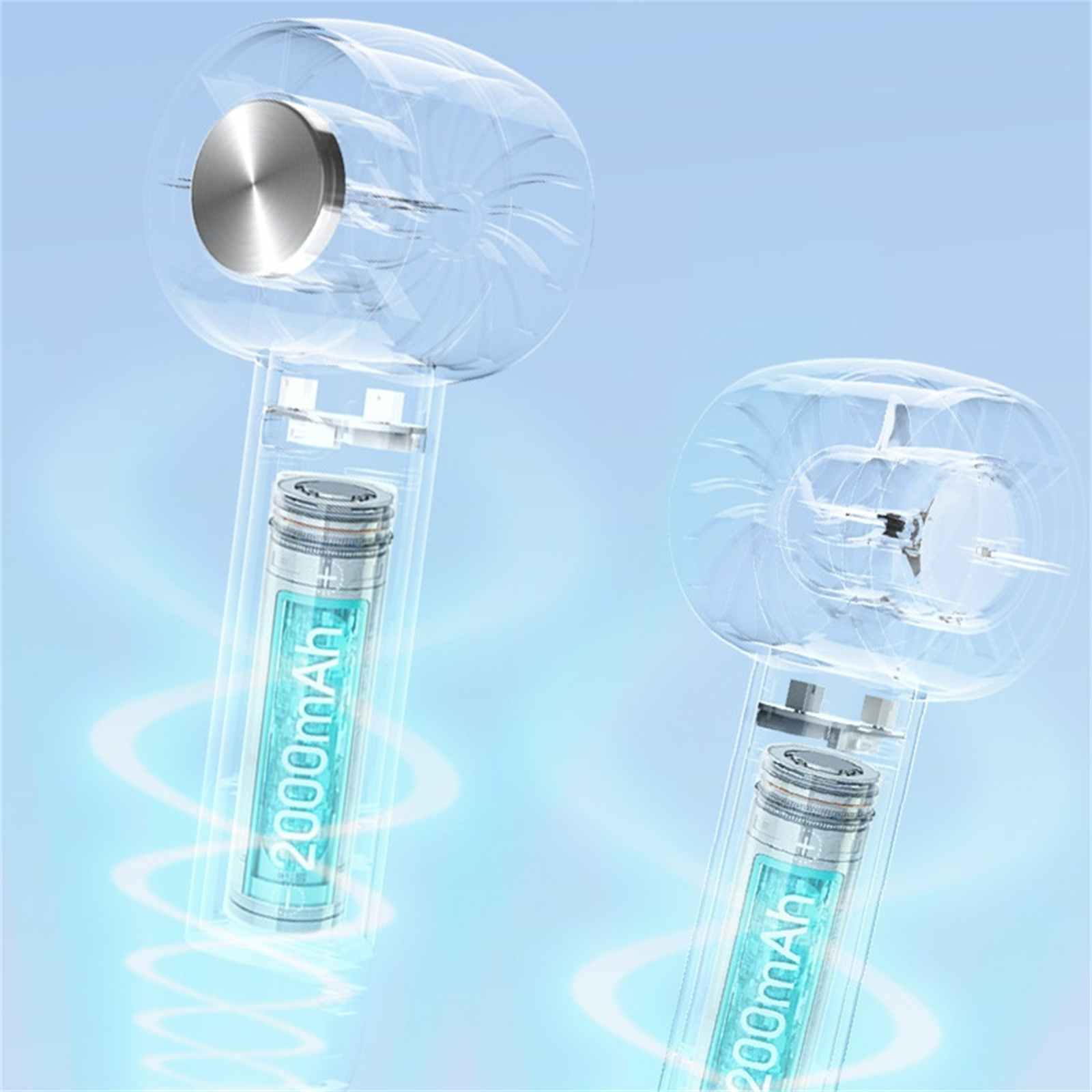 Zwei transparente Handventilatoren mit blauen Akzenten und 2000mAh Akku.