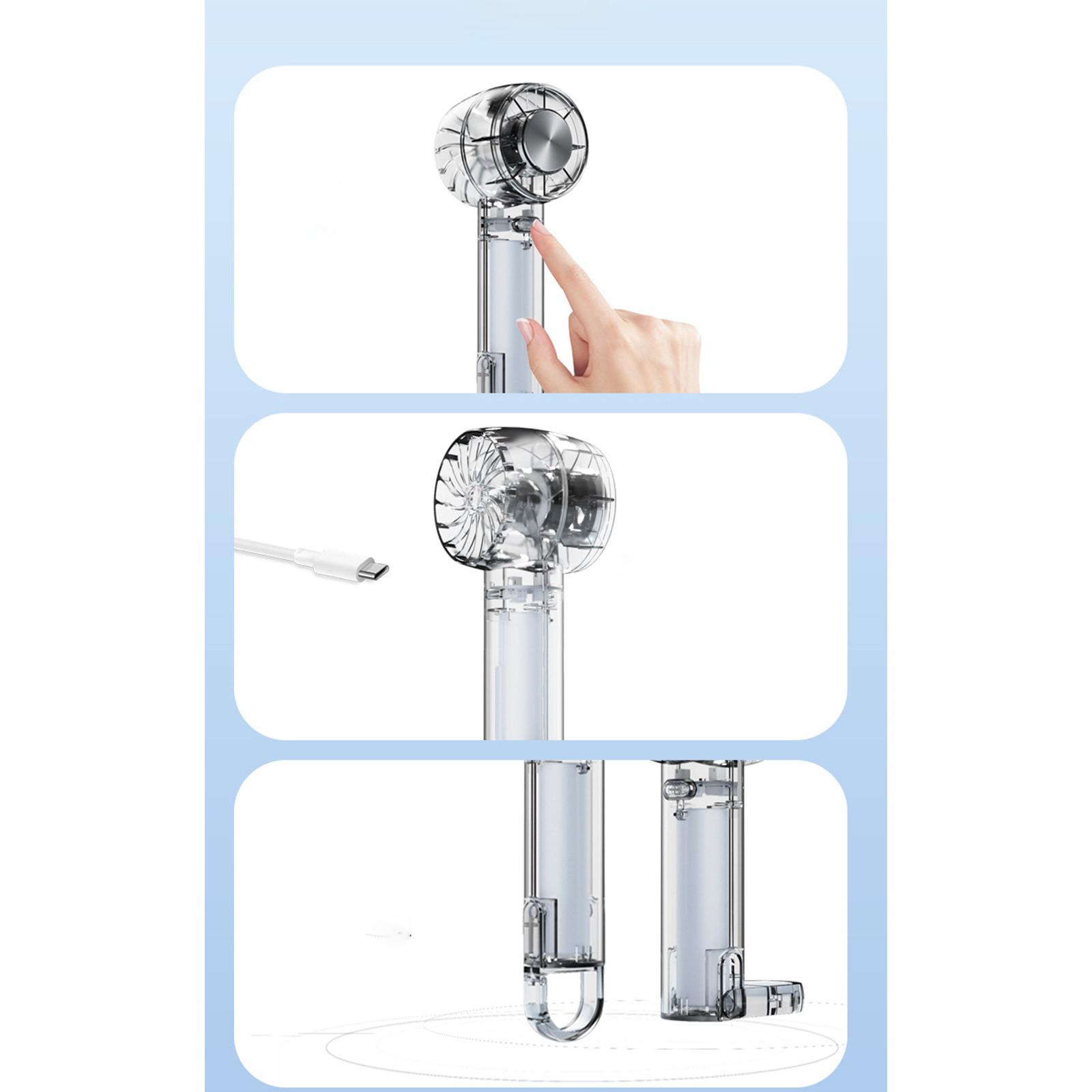 Ein Handventilator mit transparentem Design. Der Lüfter wird in drei Schritten demonstriert.